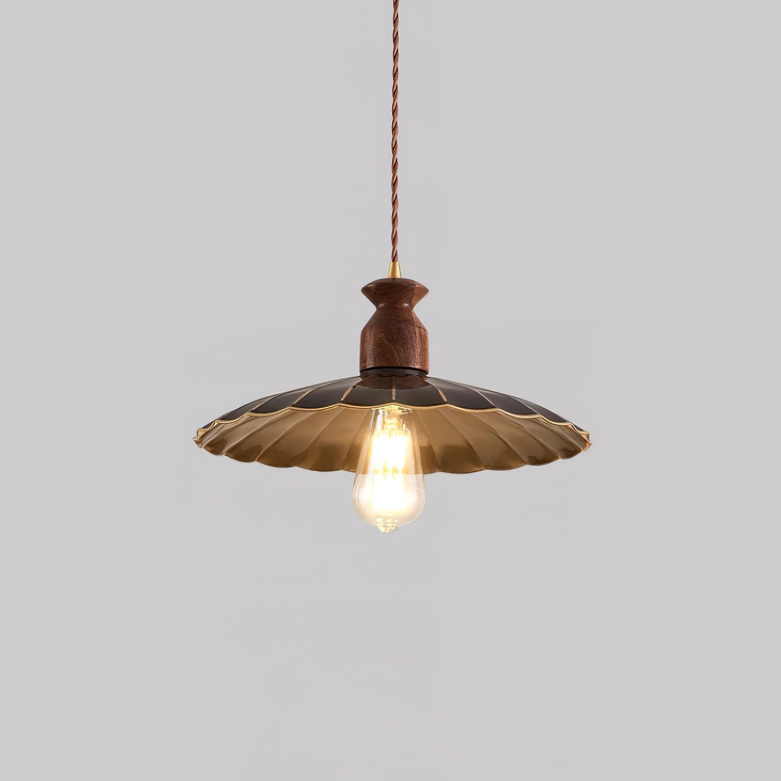 Virelli Suspension Abat-jour En Laiton Découpé Bois De Noyer Vintage