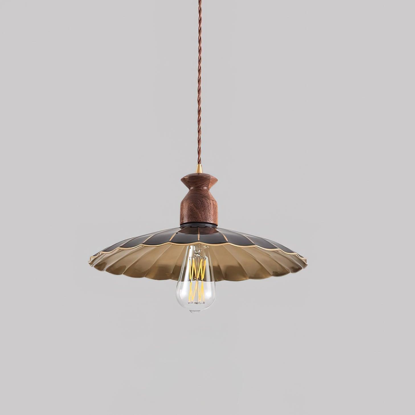 Virelli Suspension Abat-jour En Laiton Découpé Bois De Noyer Vintage