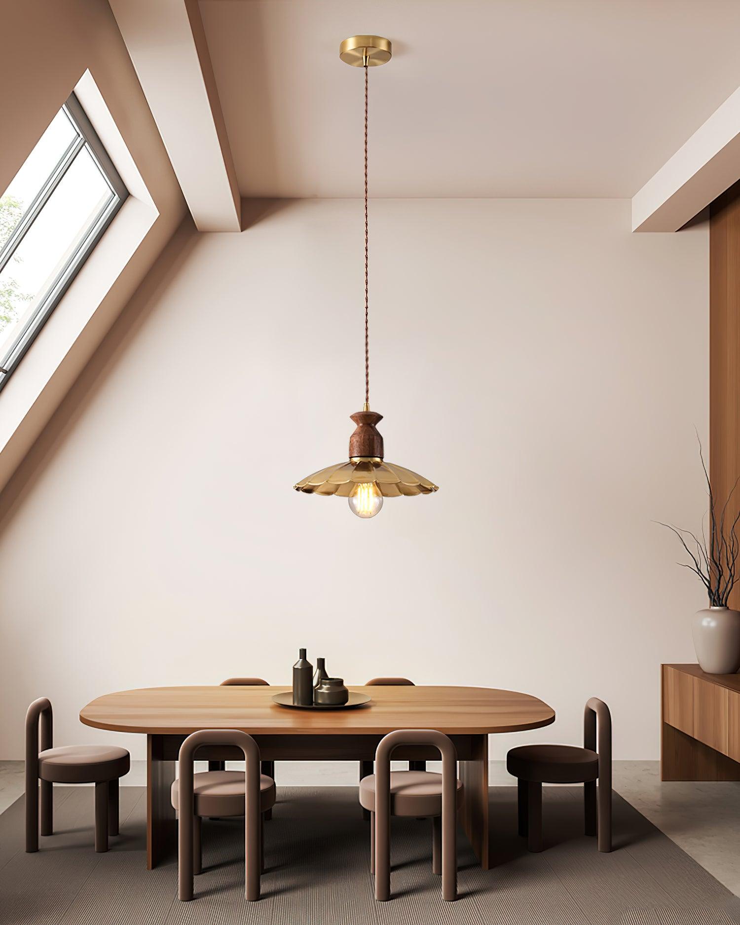 Virelli Suspension Abat-jour En Laiton Découpé Bois De Noyer Vintage