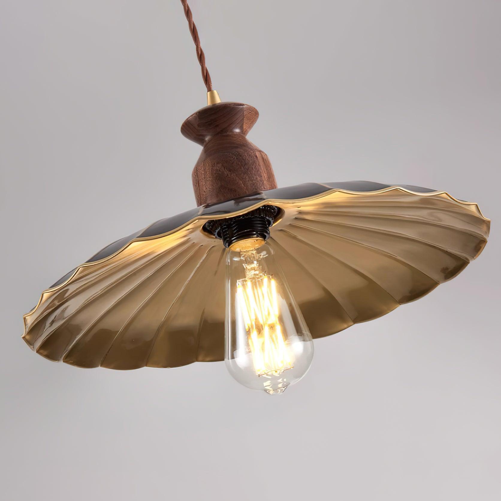 Virelli Suspension Abat-jour En Laiton Découpé Bois De Noyer Vintage