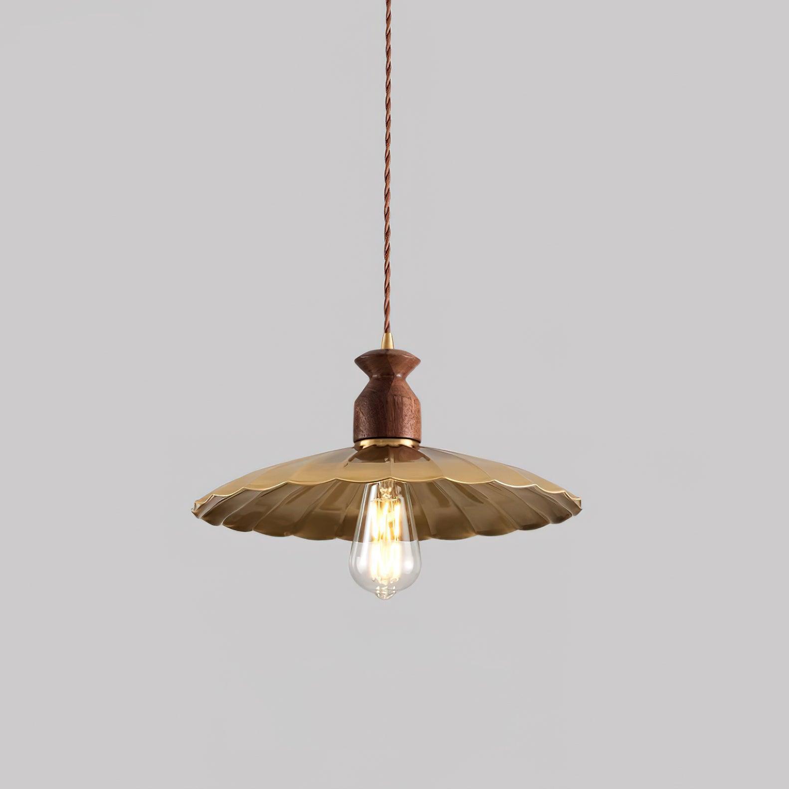 Virelli Suspension Abat-jour En Laiton Découpé Bois De Noyer Vintage