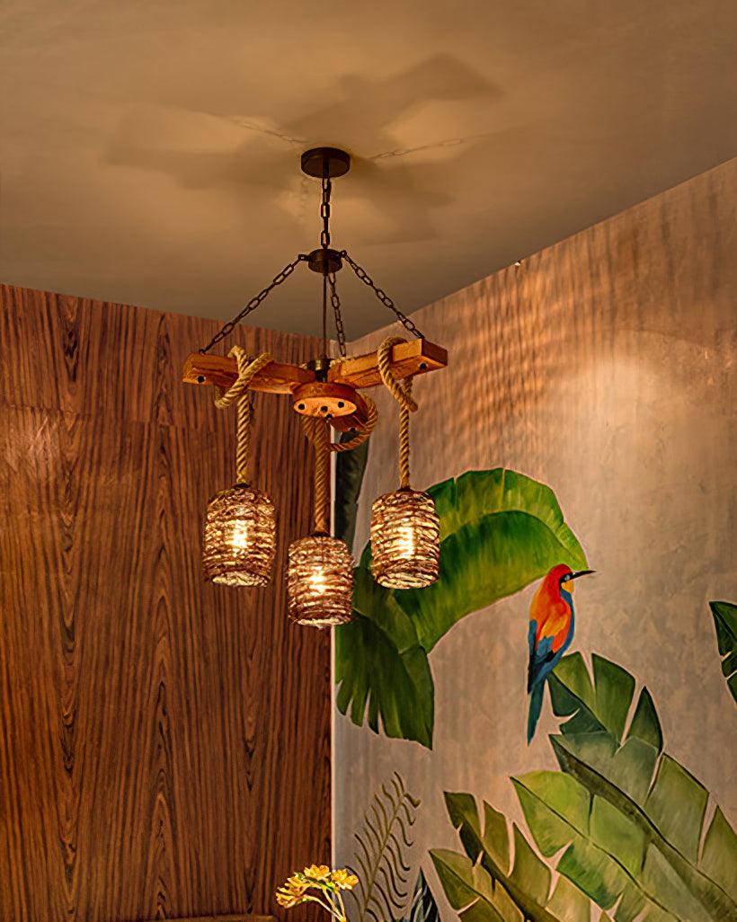Lustra Lustre Vintage Ferme Rattan Bois