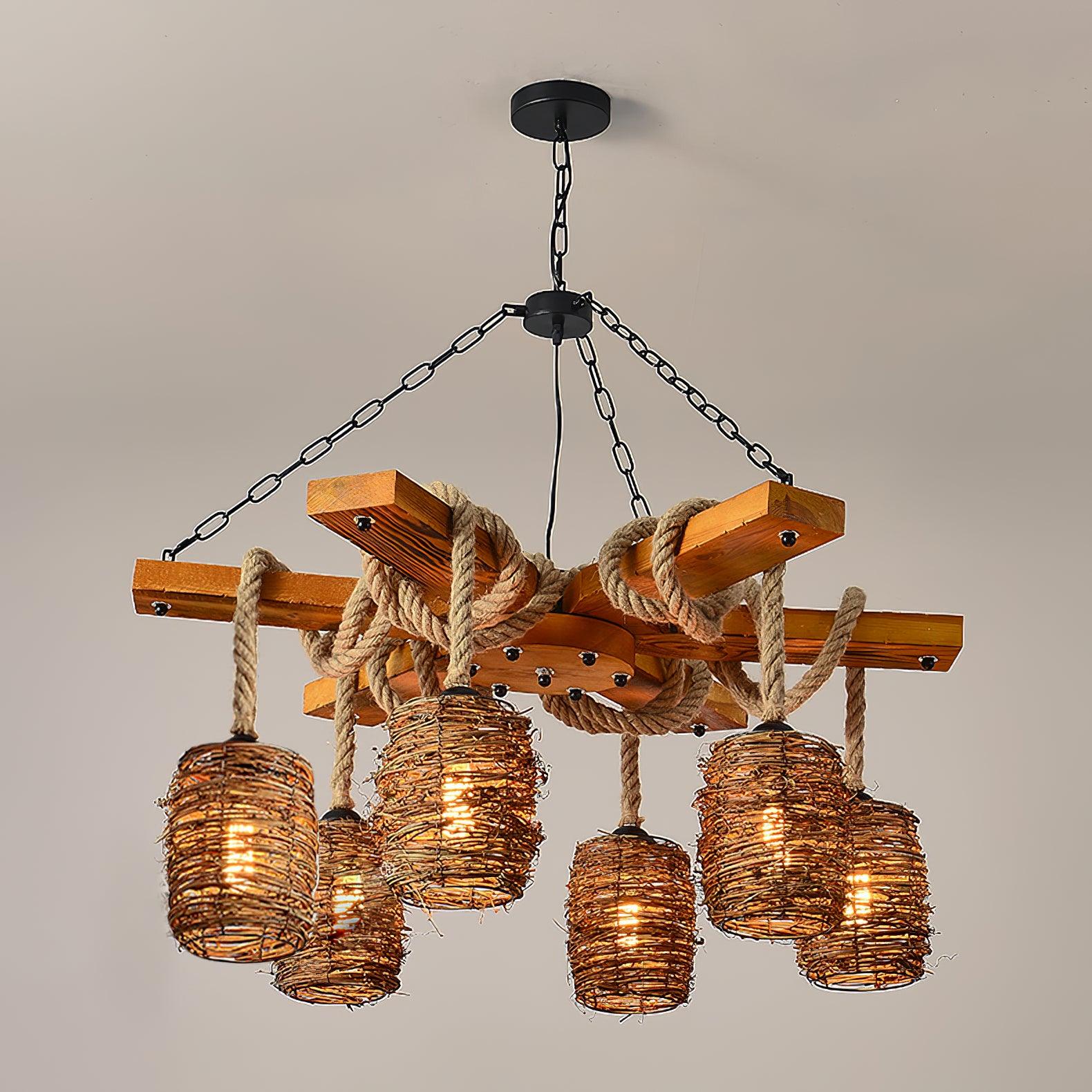 Lustra Lustre Vintage Ferme Rattan Bois
