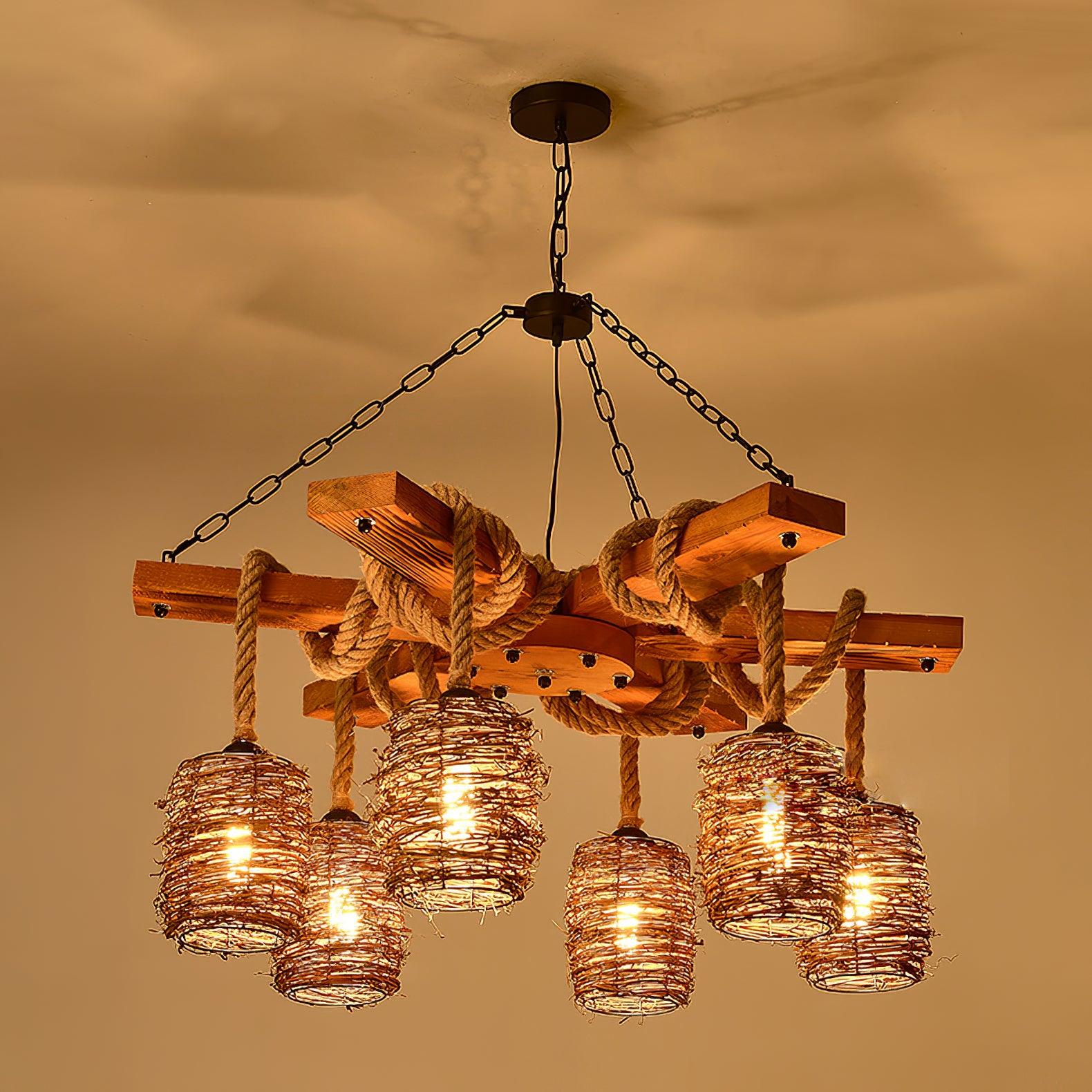 Lustra Lustre Vintage Ferme Rattan Bois