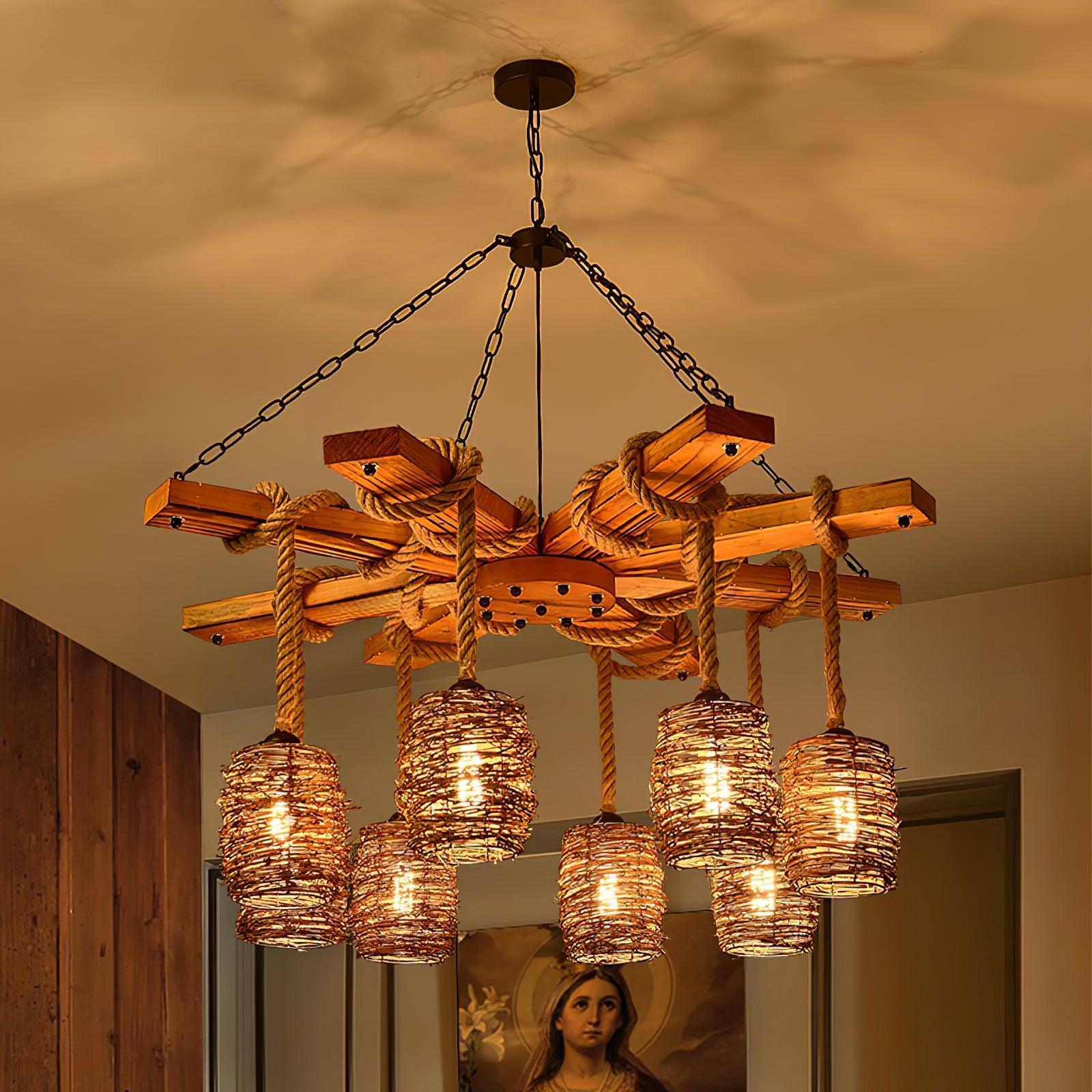 Lustra Lustre Vintage Ferme Rattan Bois