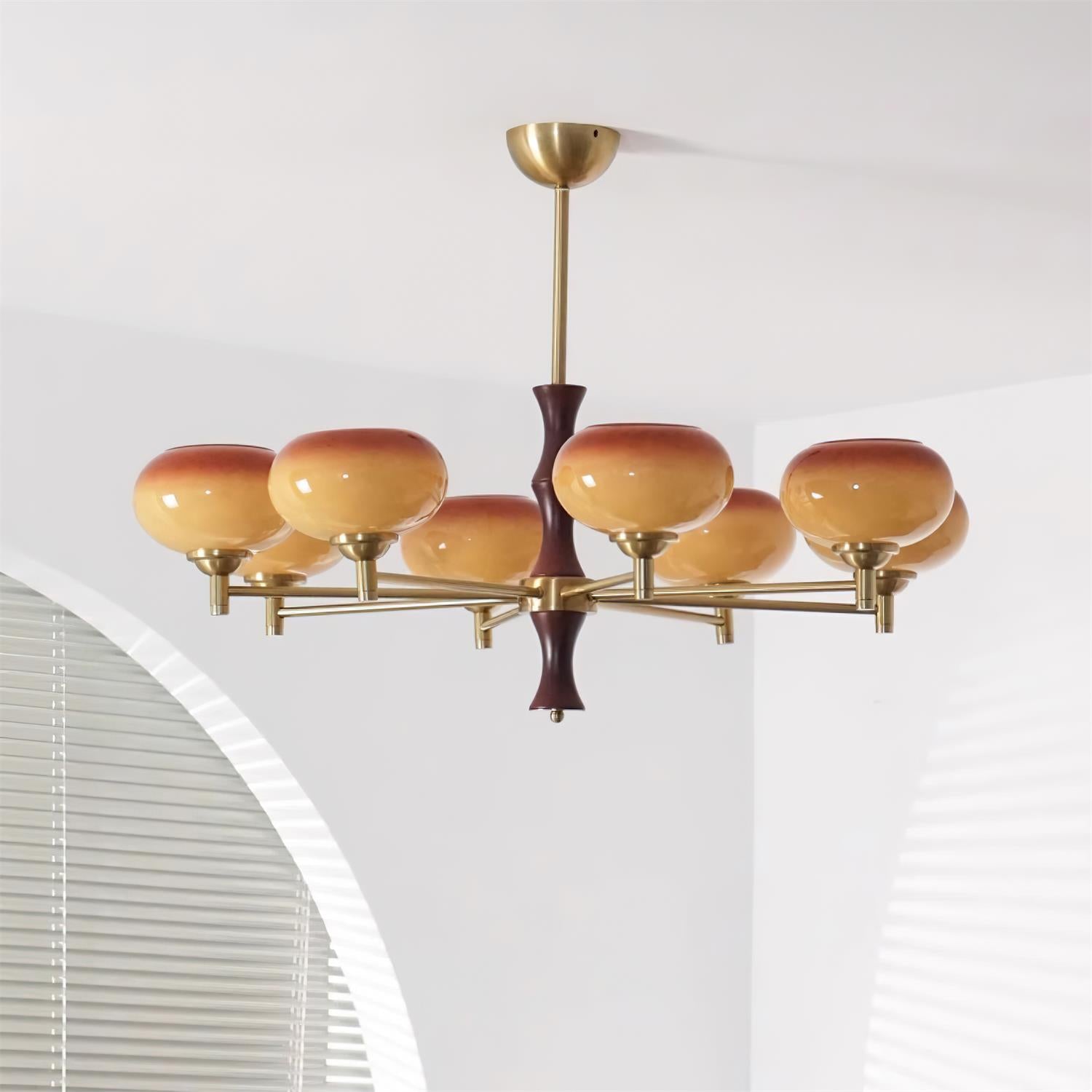 Virelli Lustre Globes en Verre Caramel Bras en Bois de Noyer Vintage