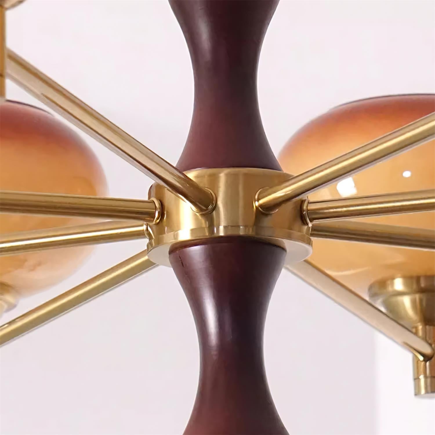 Virelli Lustre Globes en Verre Caramel Bras en Bois de Noyer Vintage