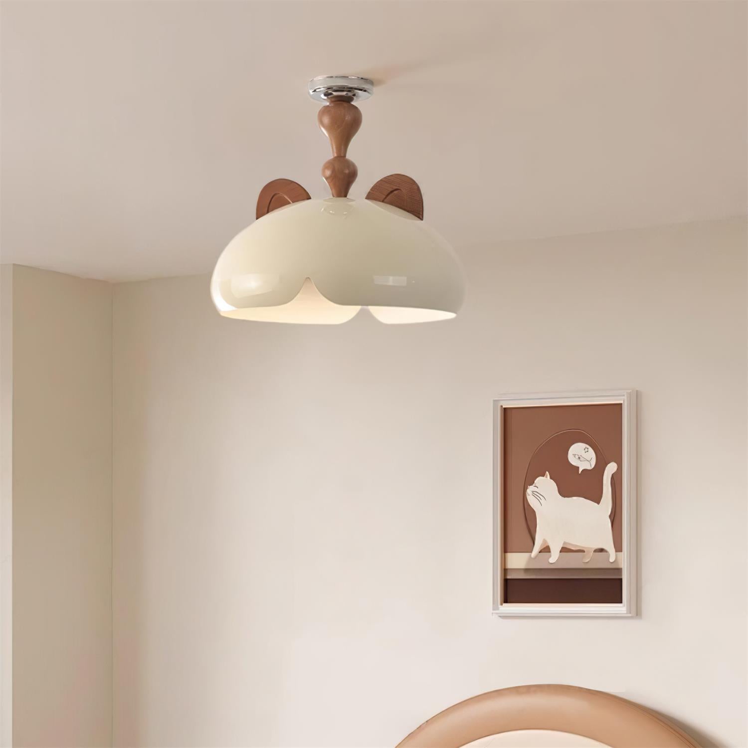 Cat Plafonnier Dôme Brillant Oreilles en Bois