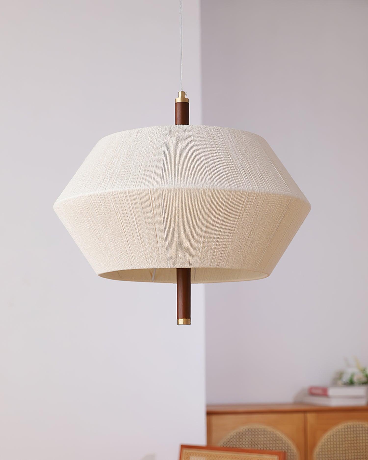 Lustra Suspension avec Abat-jour en Fil de Coton et Bois de Noyer Naturel