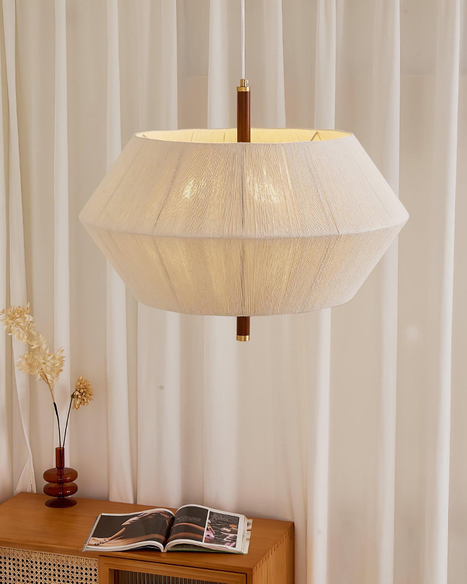 Lustra Suspension avec Abat-jour en Fil de Coton et Bois de Noyer Naturel