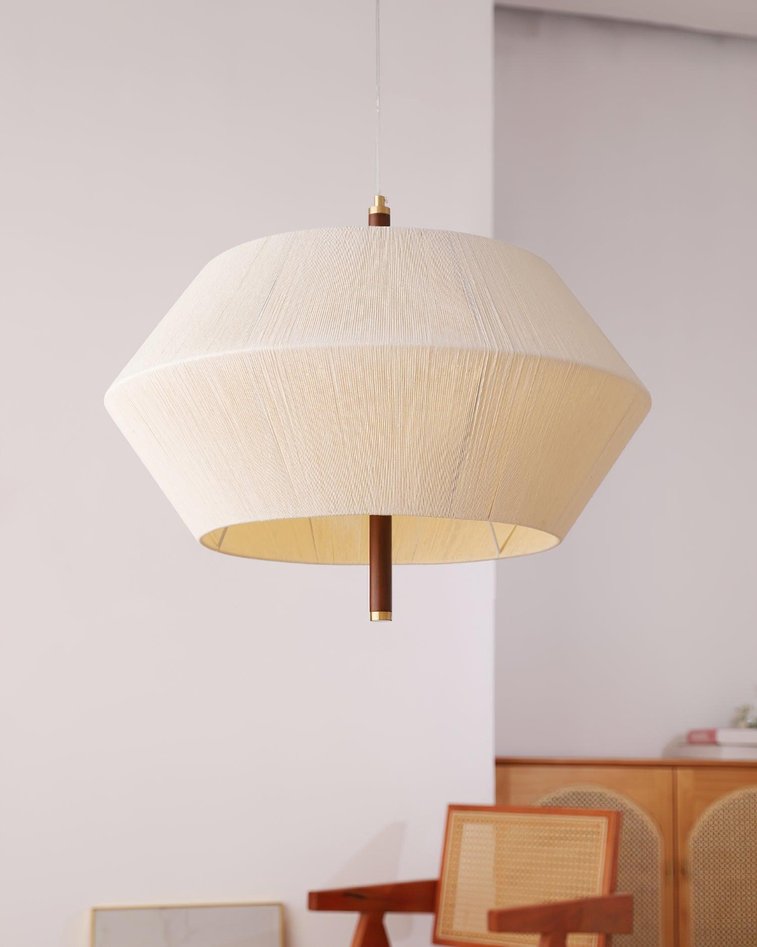 Lustra Suspension avec Abat-jour en Fil de Coton et Bois de Noyer Naturel