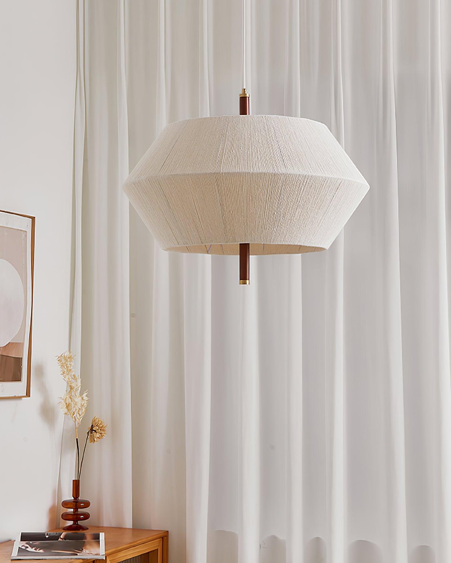 Lustra Suspension avec Abat-jour en Fil de Coton et Bois de Noyer Naturel