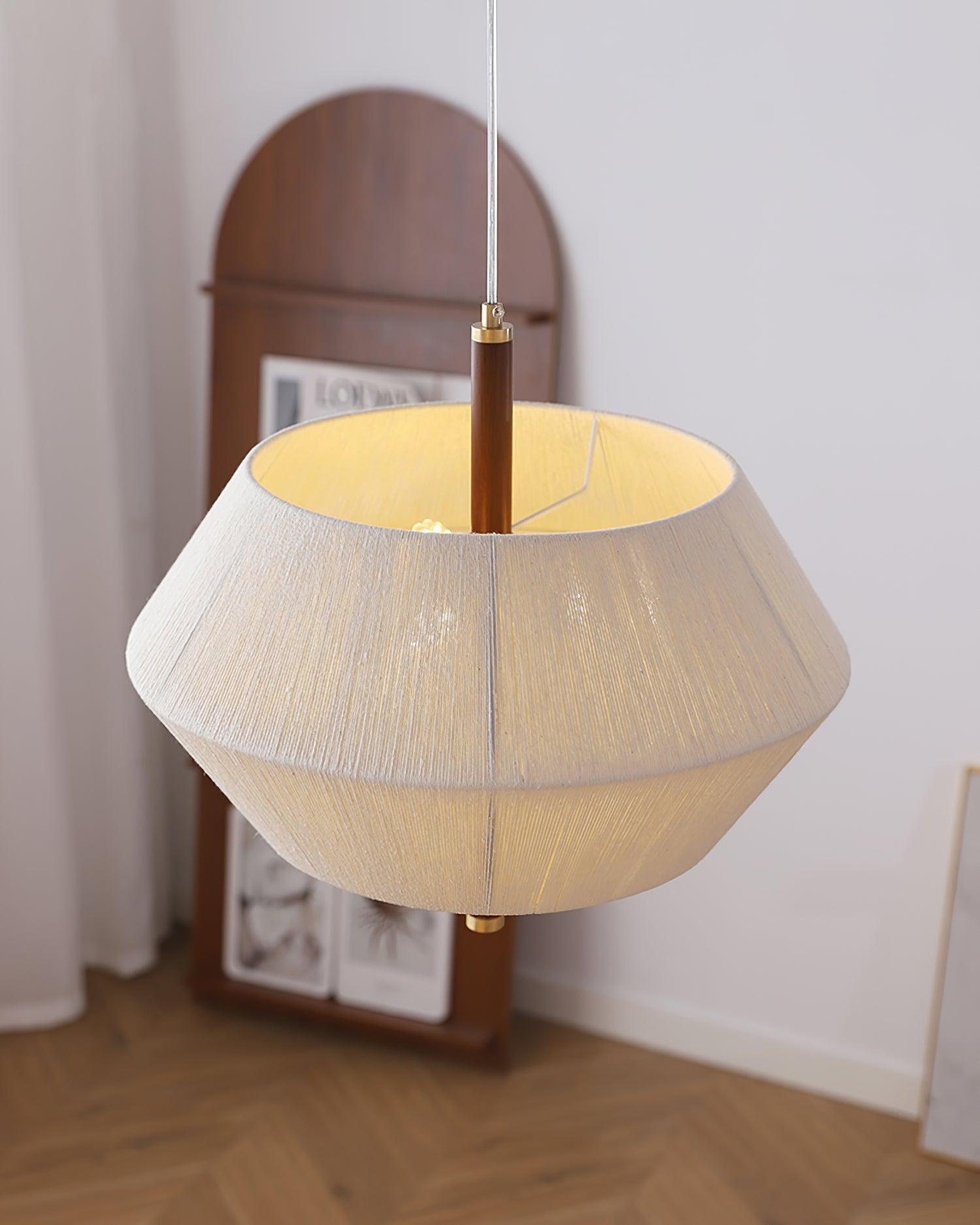 Lustra Suspension avec Abat-jour en Fil de Coton et Bois de Noyer Naturel