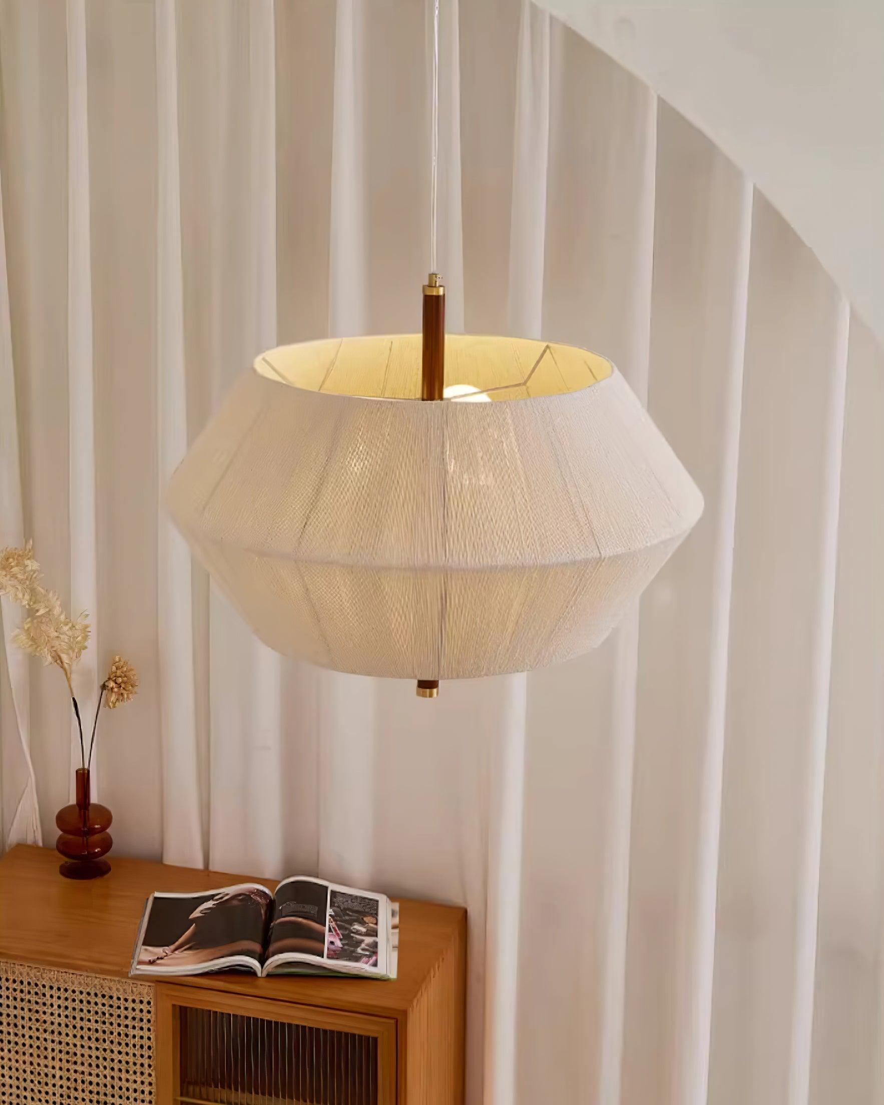 Lustra Suspension avec Abat-jour en Fil de Coton et Bois de Noyer Naturel