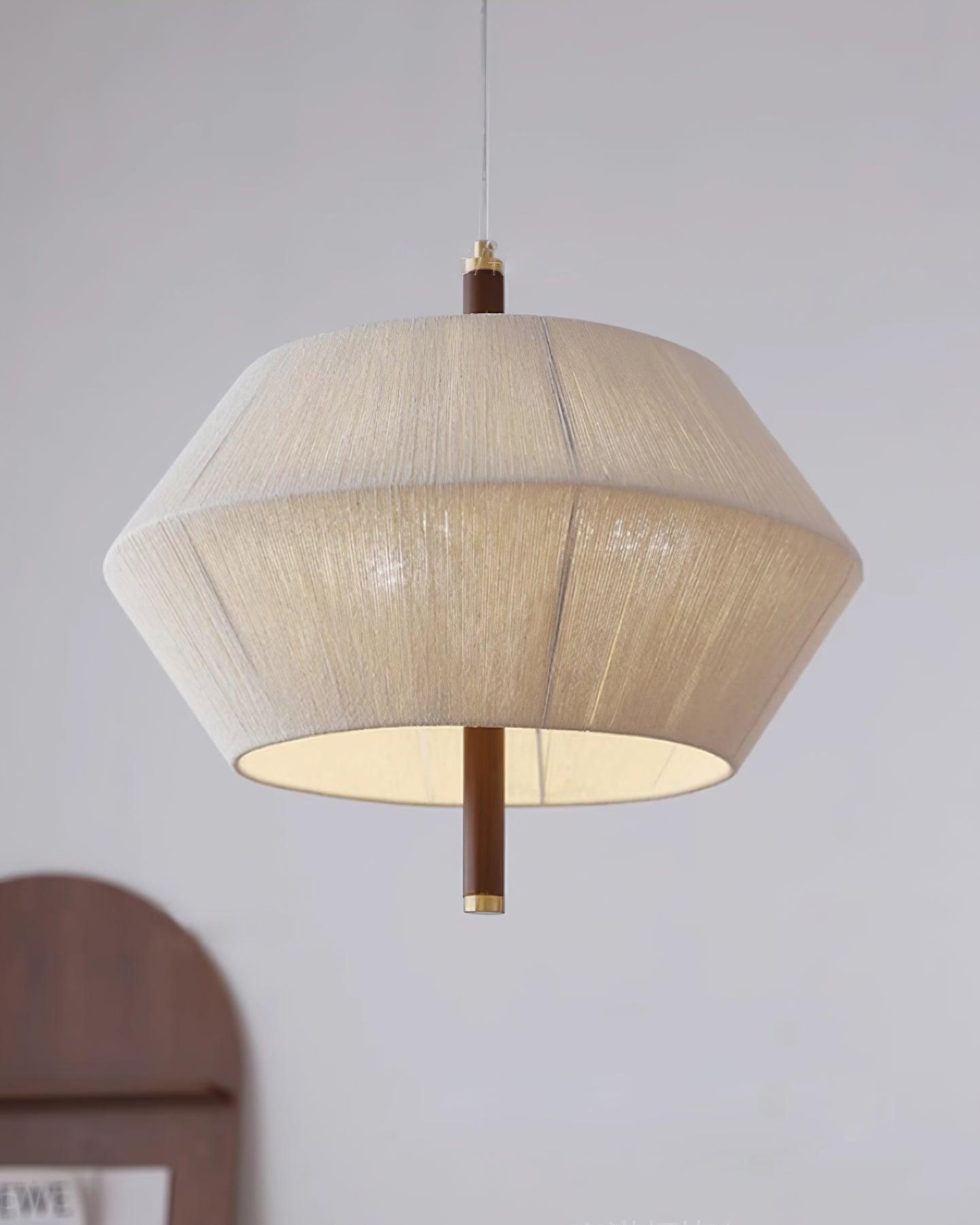 Lustra Suspension avec Abat-jour en Fil de Coton et Bois de Noyer Naturel