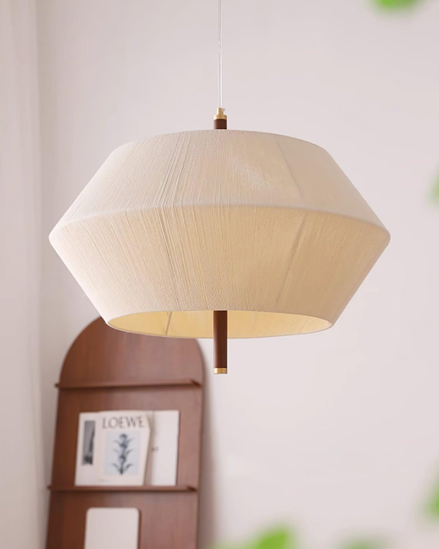 Lustra Suspension avec Abat-jour en Fil de Coton et Bois de Noyer Naturel