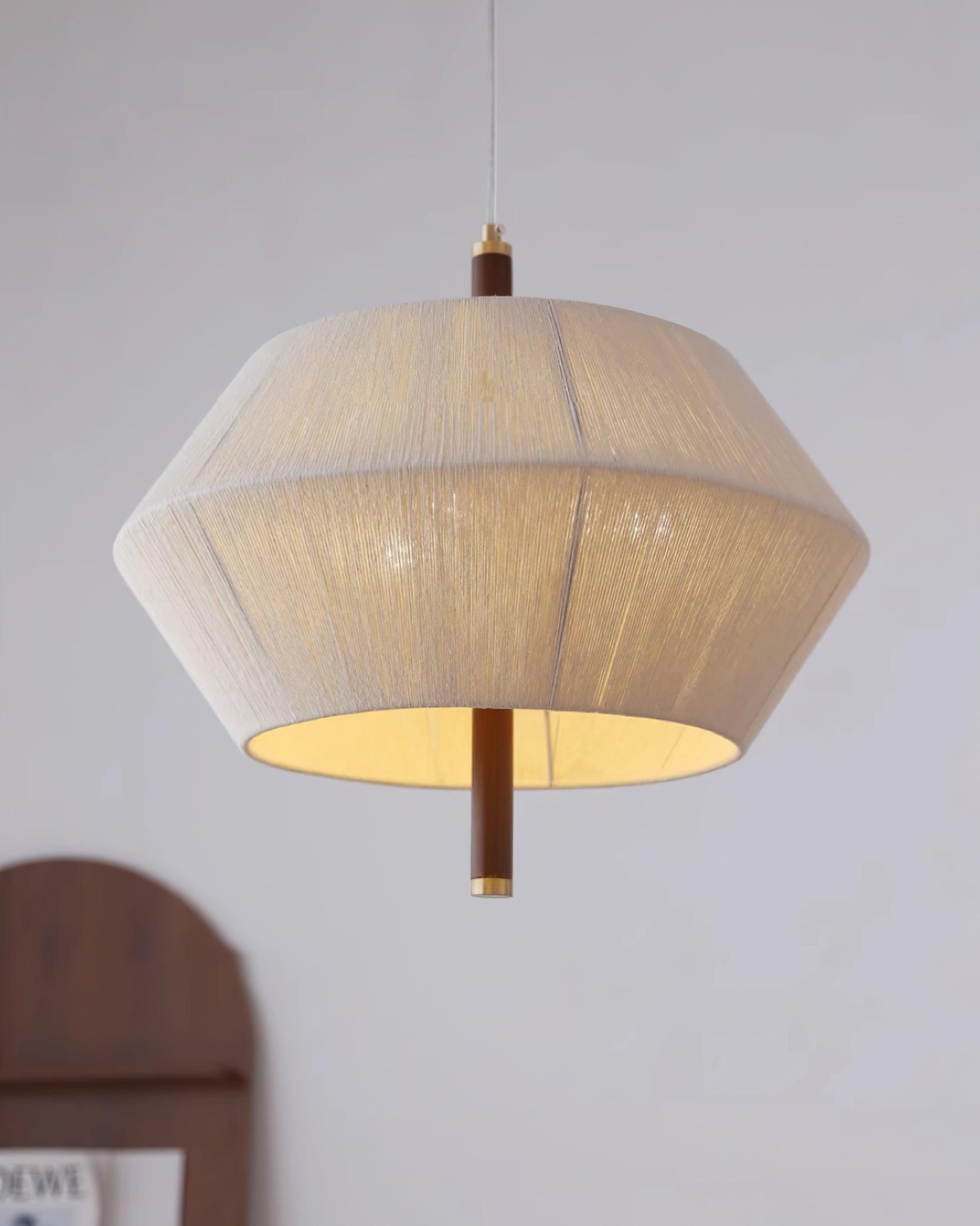 Lustra Suspension avec Abat-jour en Fil de Coton et Bois de Noyer Naturel