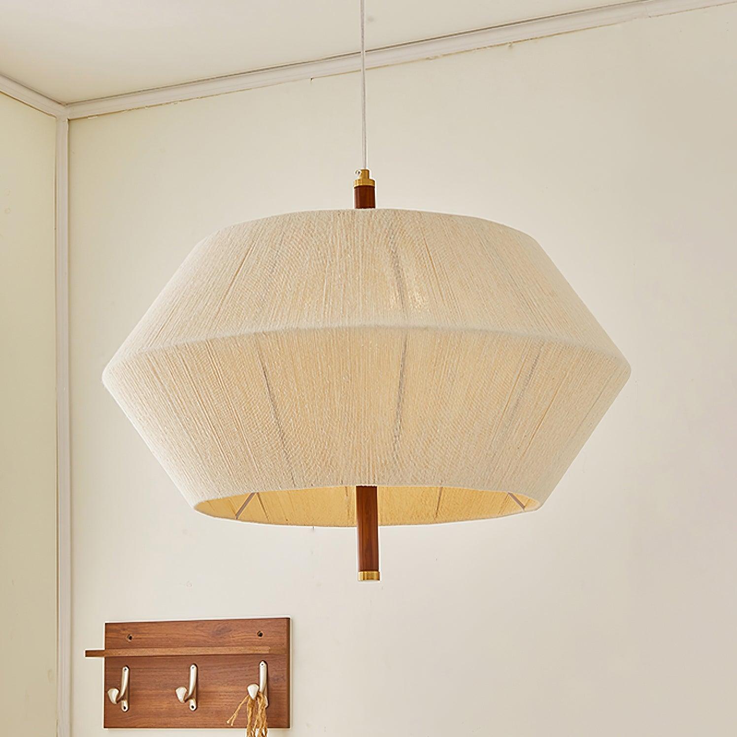 Lustra Suspension avec Abat-jour en Fil de Coton et Bois de Noyer Naturel