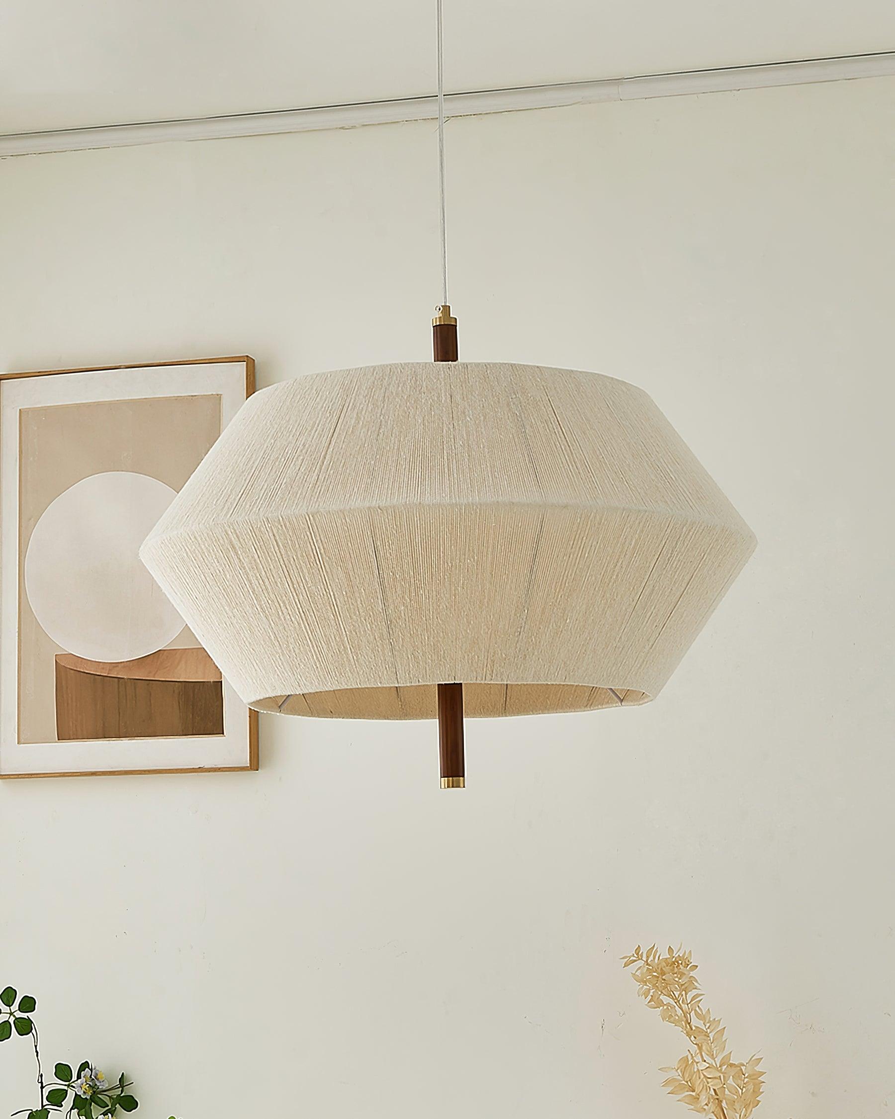 Lustra Suspension avec Abat-jour en Fil de Coton et Bois de Noyer Naturel