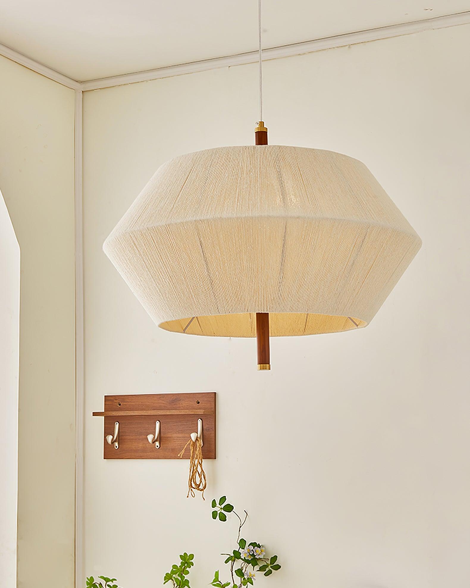 Lustra Suspension avec Abat-jour en Fil de Coton et Bois de Noyer Naturel