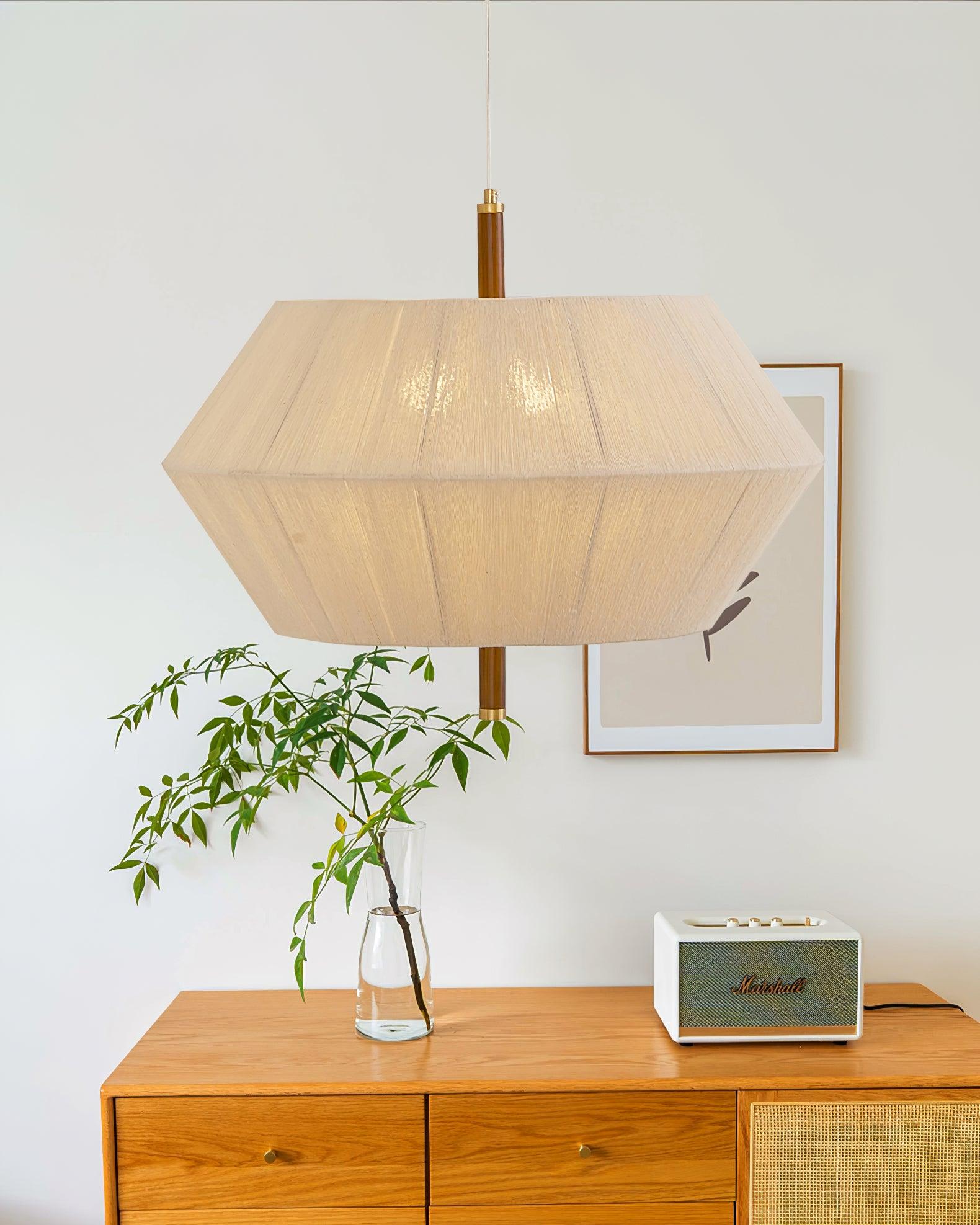 Lustra Suspension avec Abat-jour en Fil de Coton et Bois de Noyer Naturel