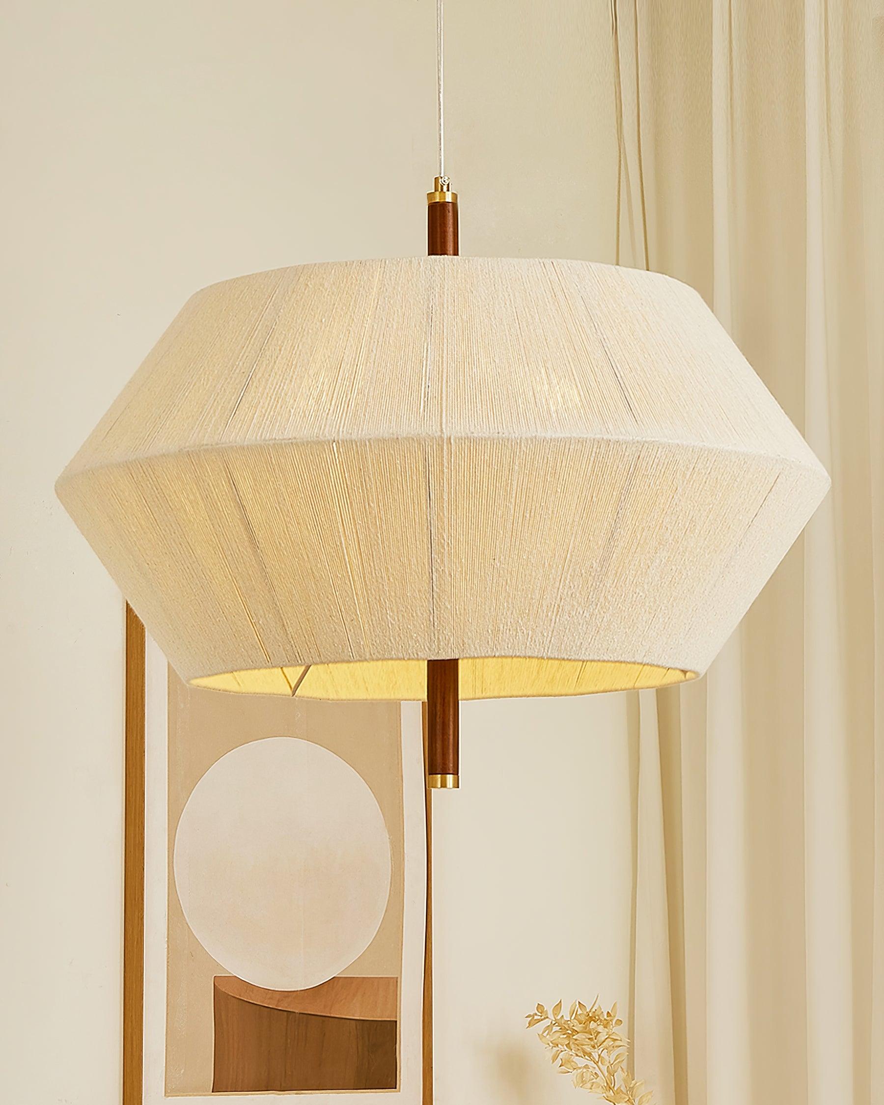 Lustra Suspension avec Abat-jour en Fil de Coton et Bois de Noyer Naturel