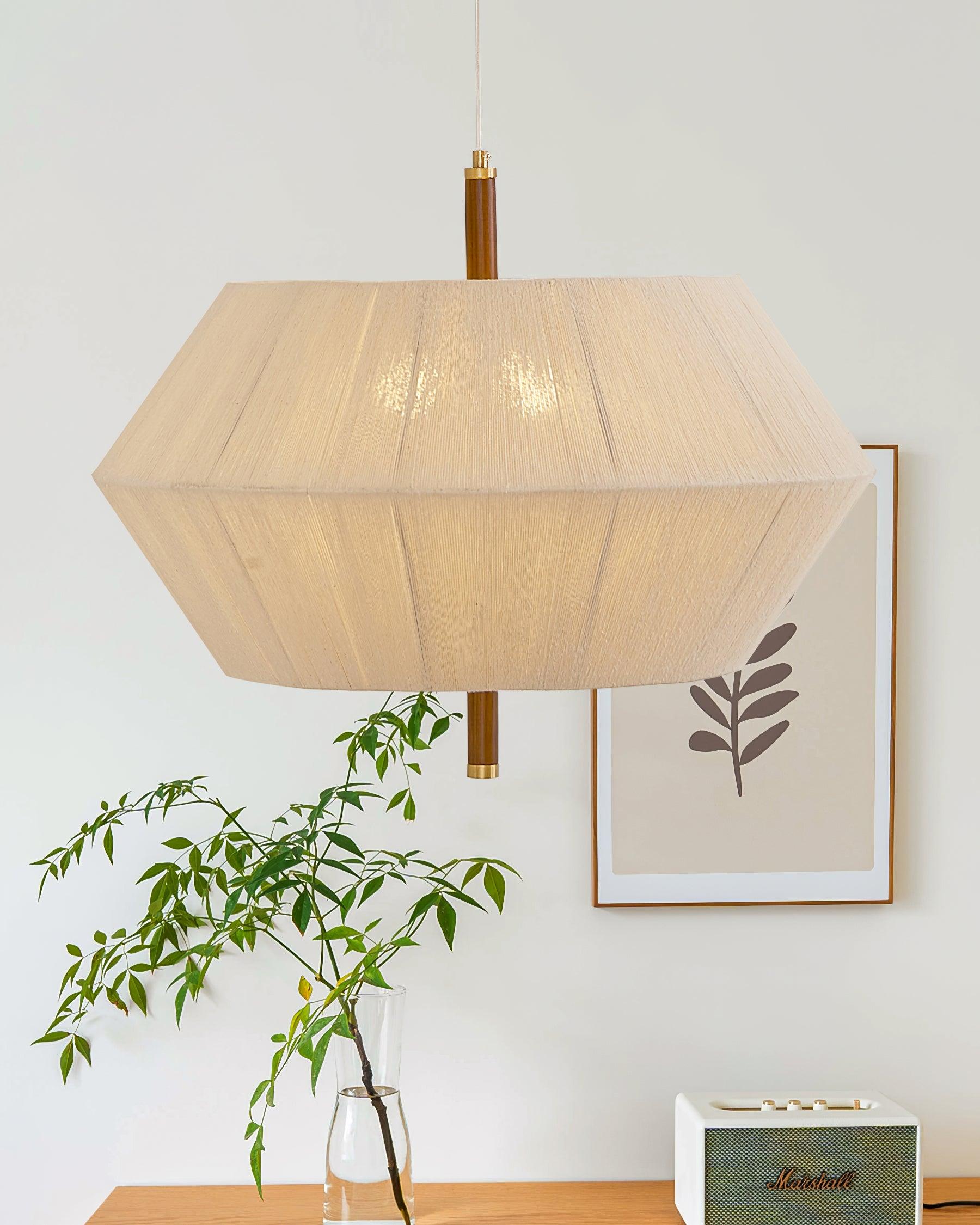 Lustra Suspension avec Abat-jour en Fil de Coton et Bois de Noyer Naturel