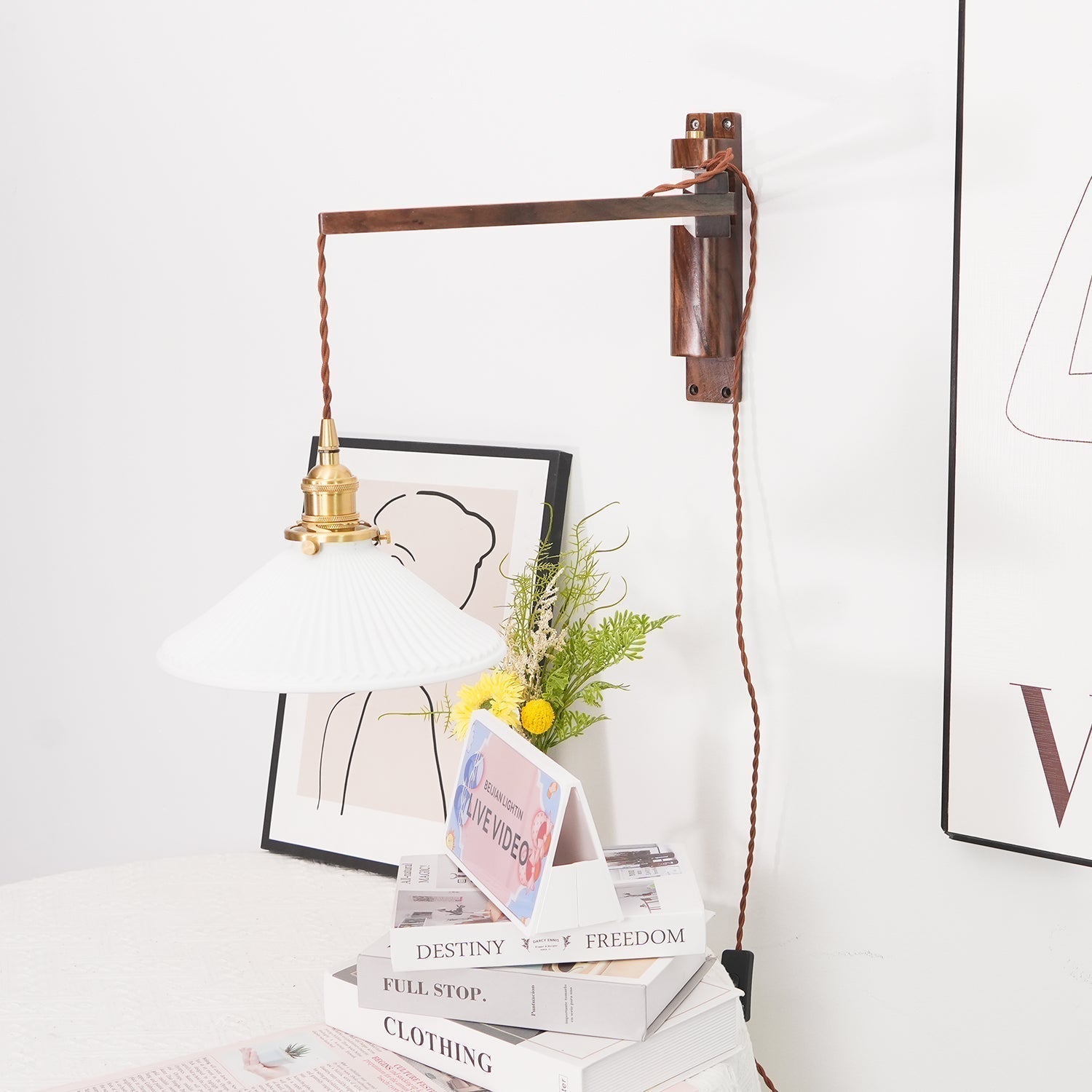 Orphaarae Nordic Art Swing Arm Walnut Ceramic Wall Lamp