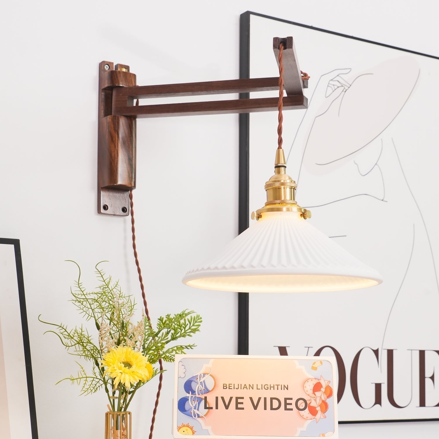 Orphaarae Nordic Art Swing Arm Walnut Ceramic Wall Lamp