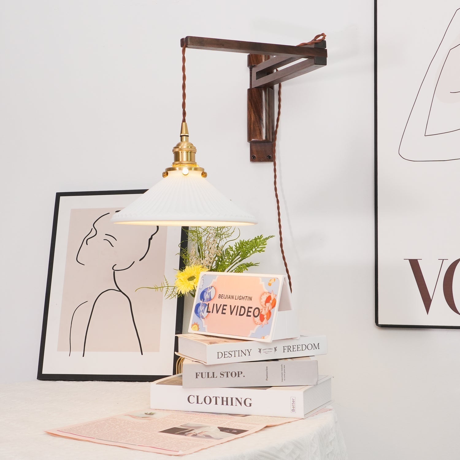 Orphaarae Nordic Art Swing Arm Walnut Ceramic Wall Lamp