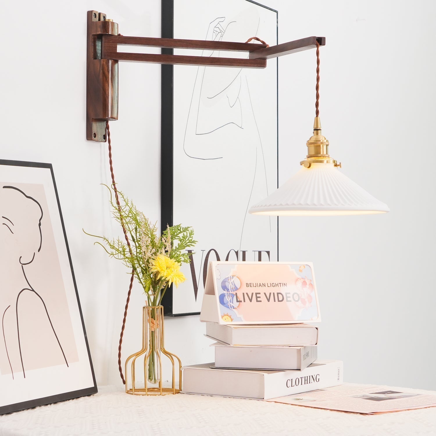 Orphaarae Nordic Art Swing Arm Walnut Ceramic Wall Lamp