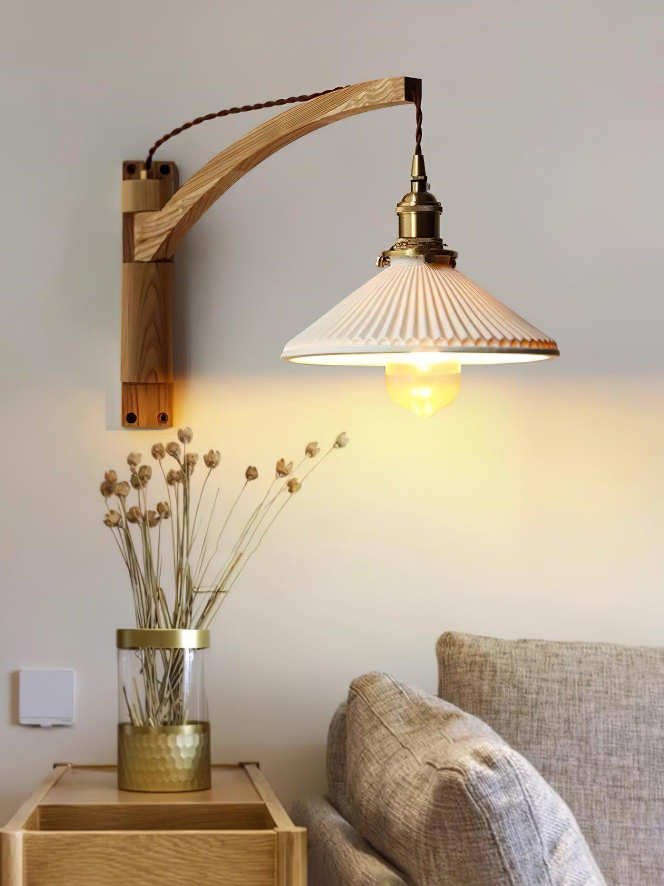 Illaee Nordic Art Swing Arm Walnut Ceramic Wall Light