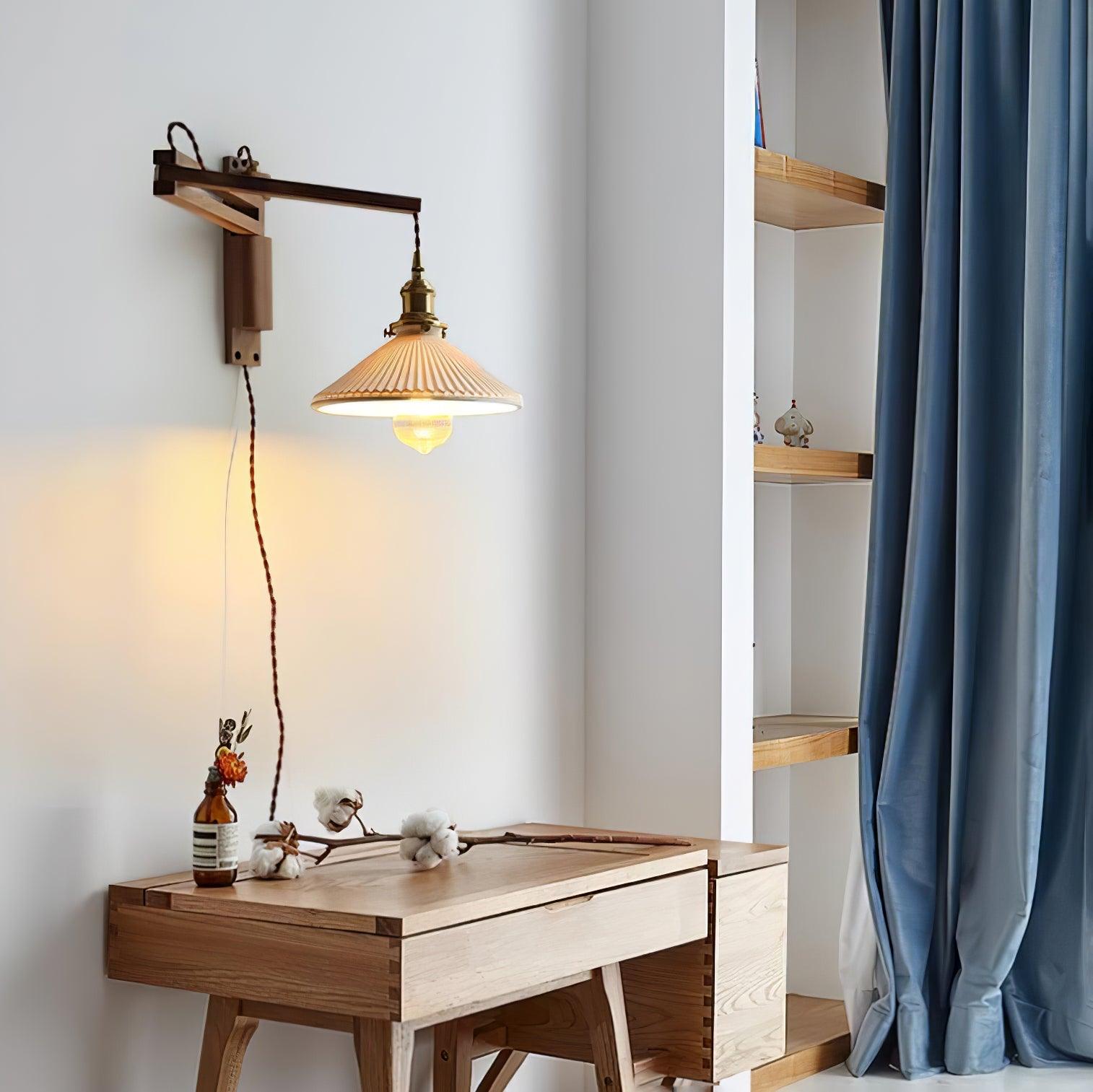 Illaee Nordic Art Swing Arm Walnut Ceramic Wall Light