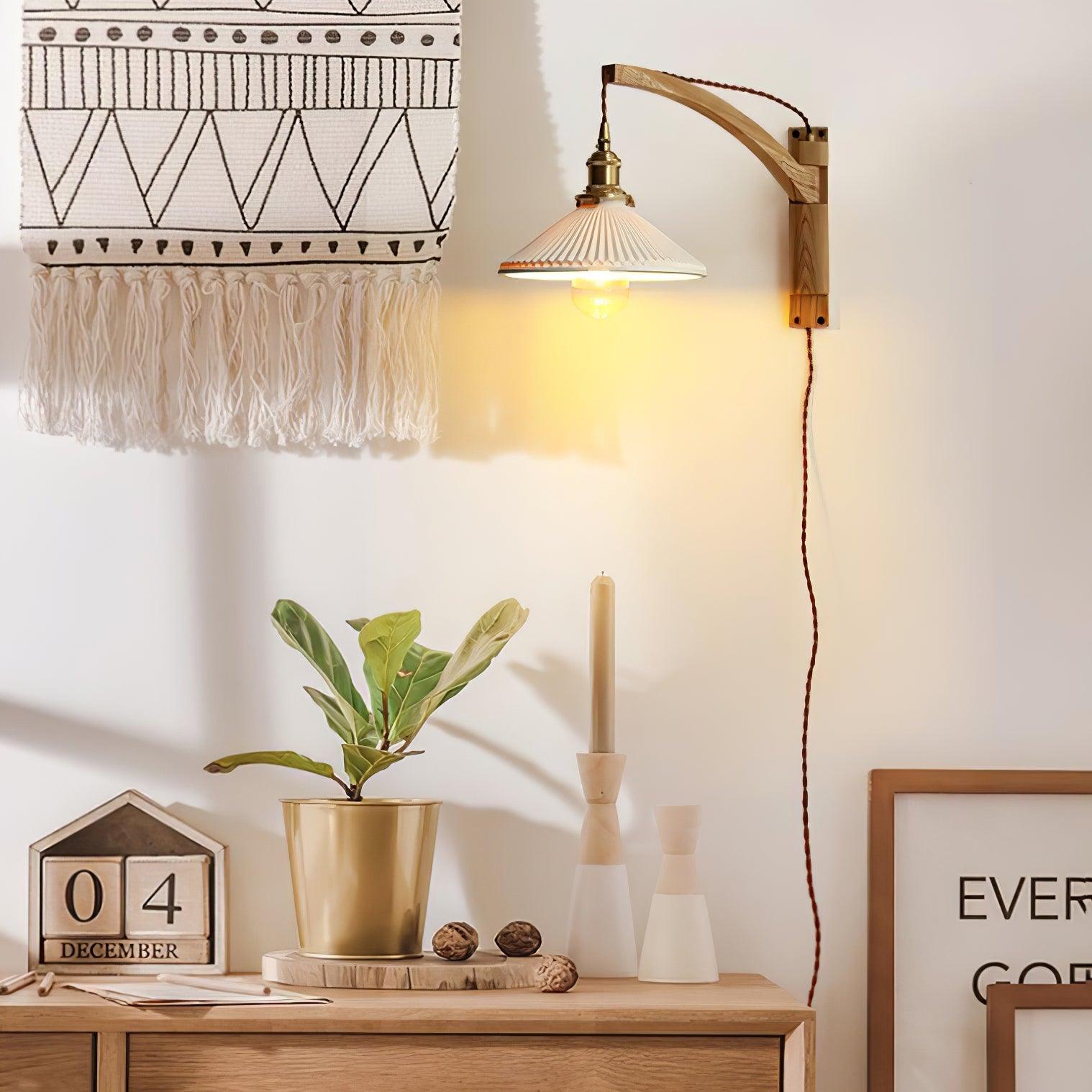 Illaee Nordic Art Swing Arm Walnut Ceramic Wall Light