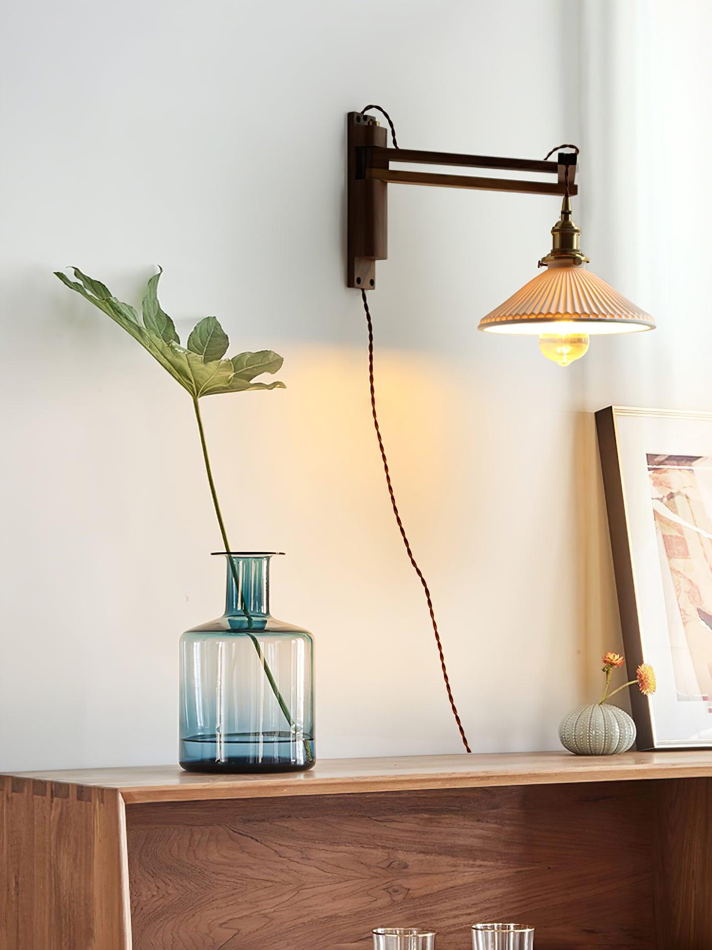 Orphaarae Nordic Art Swing Arm Walnut Ceramic Wall Lamp