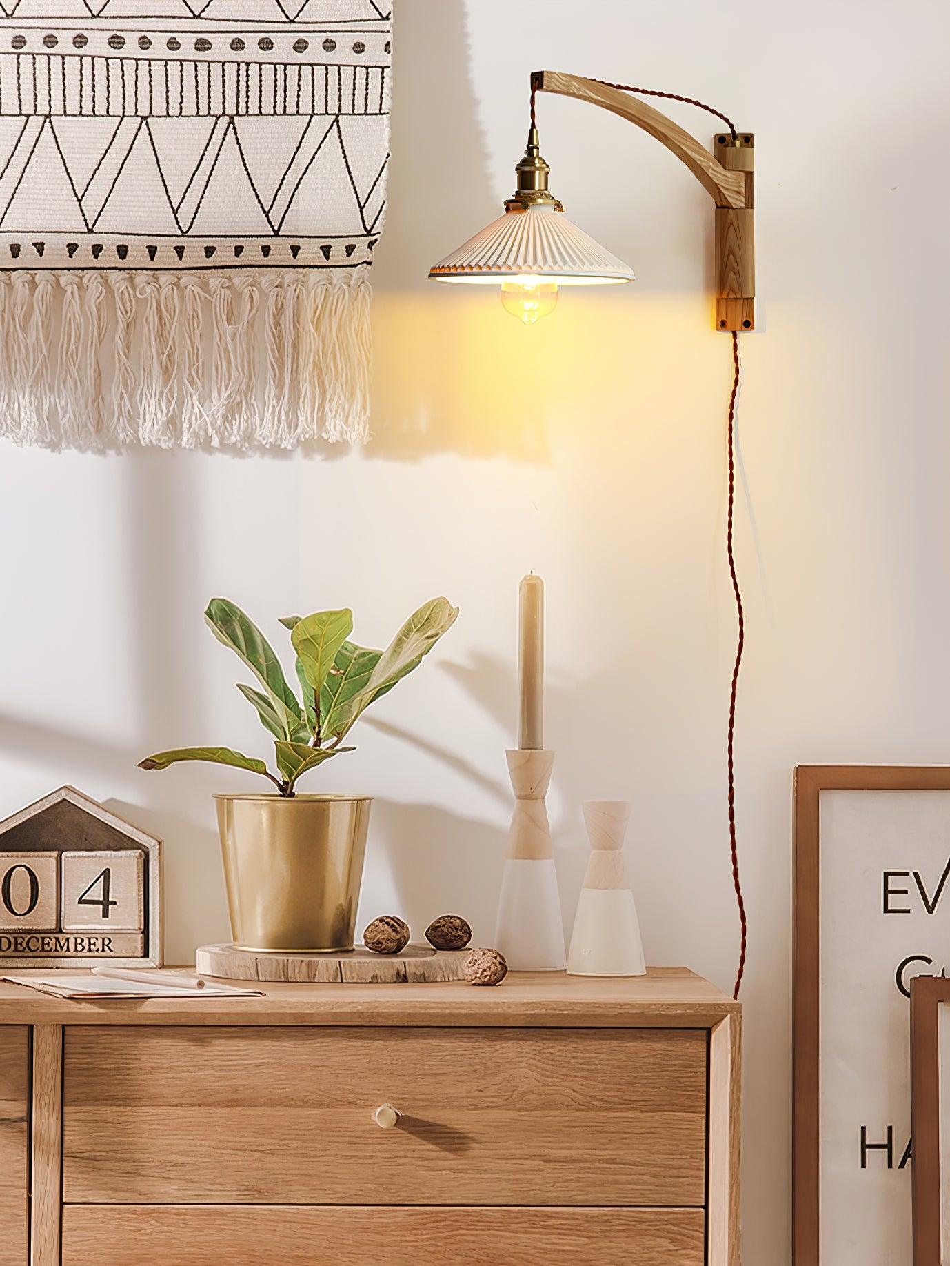 Illaee Nordic Art Swing Arm Walnut Ceramic Wall Light