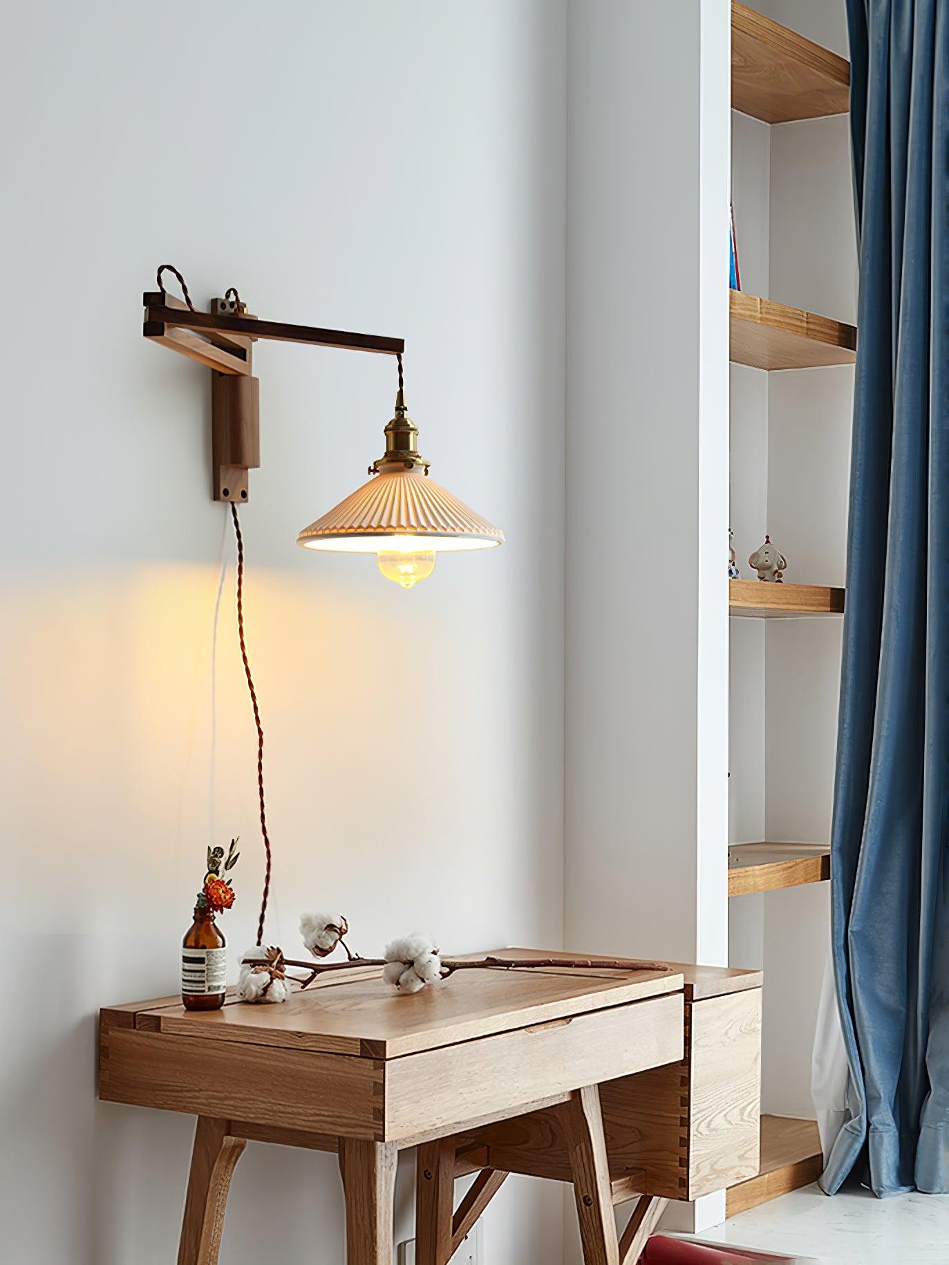 Illaee Nordic Art Swing Arm Walnut Ceramic Wall Light