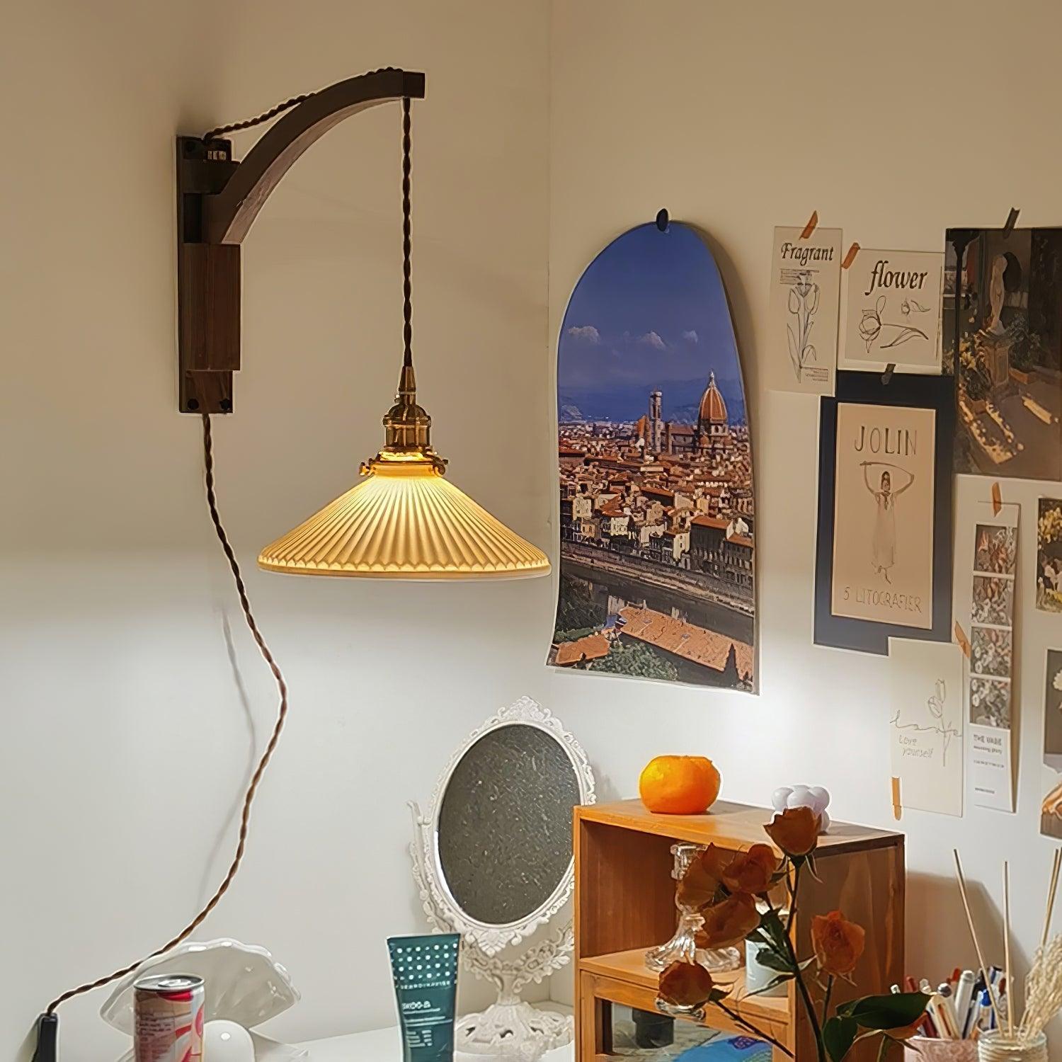 Illaee Nordic Art Swing Arm Walnut Ceramic Wall Light