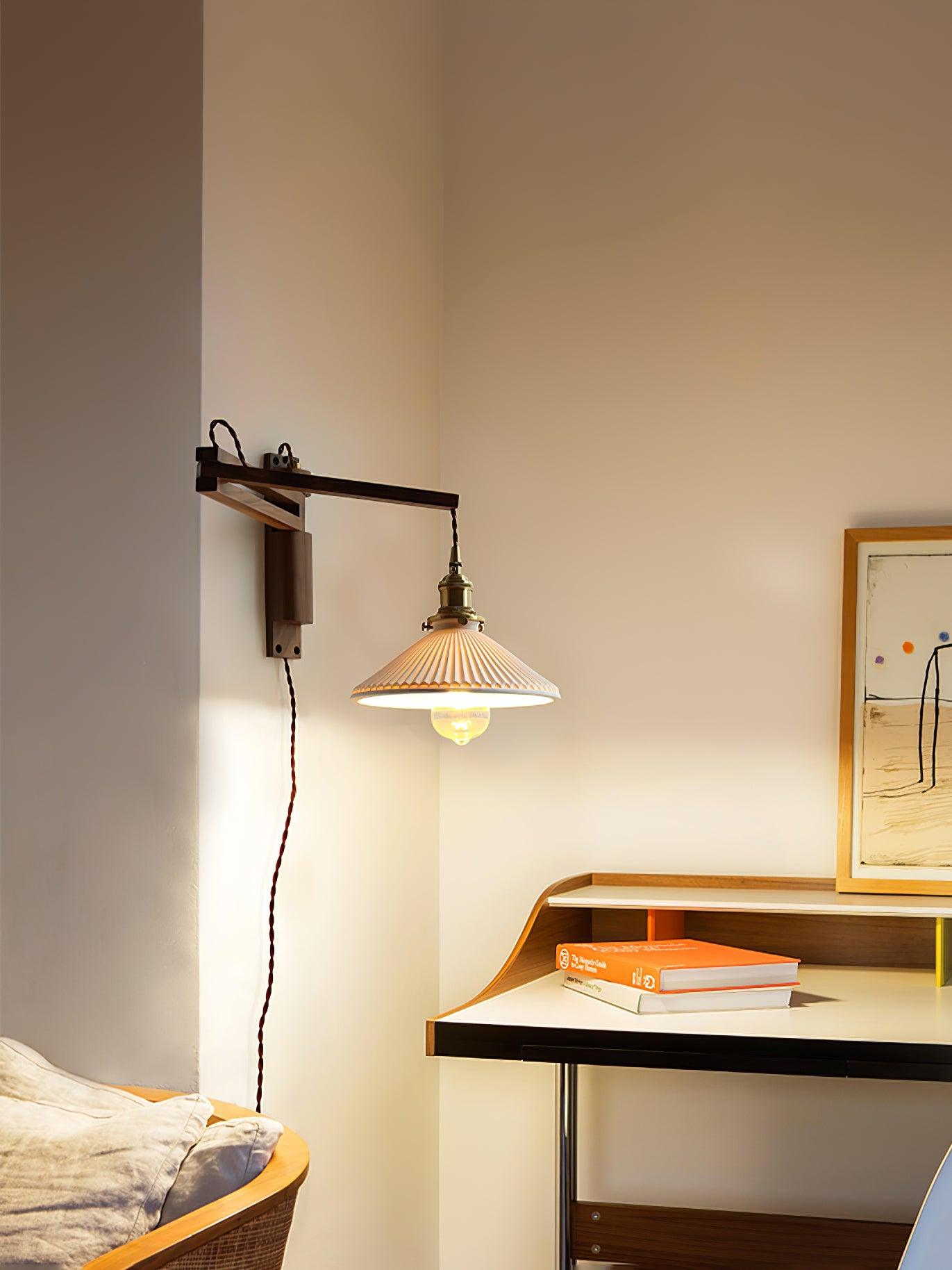 Illaee Nordic Art Swing Arm Walnut Ceramic Wall Light