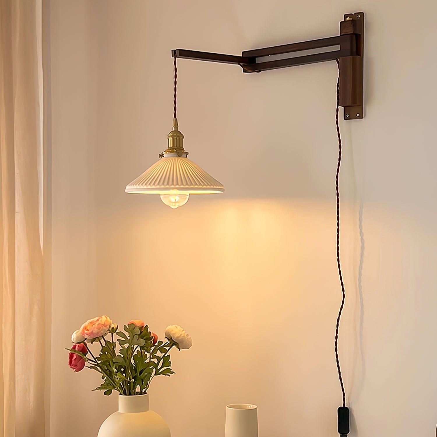 Illaee Nordic Art Swing Arm Walnut Ceramic Wall Light