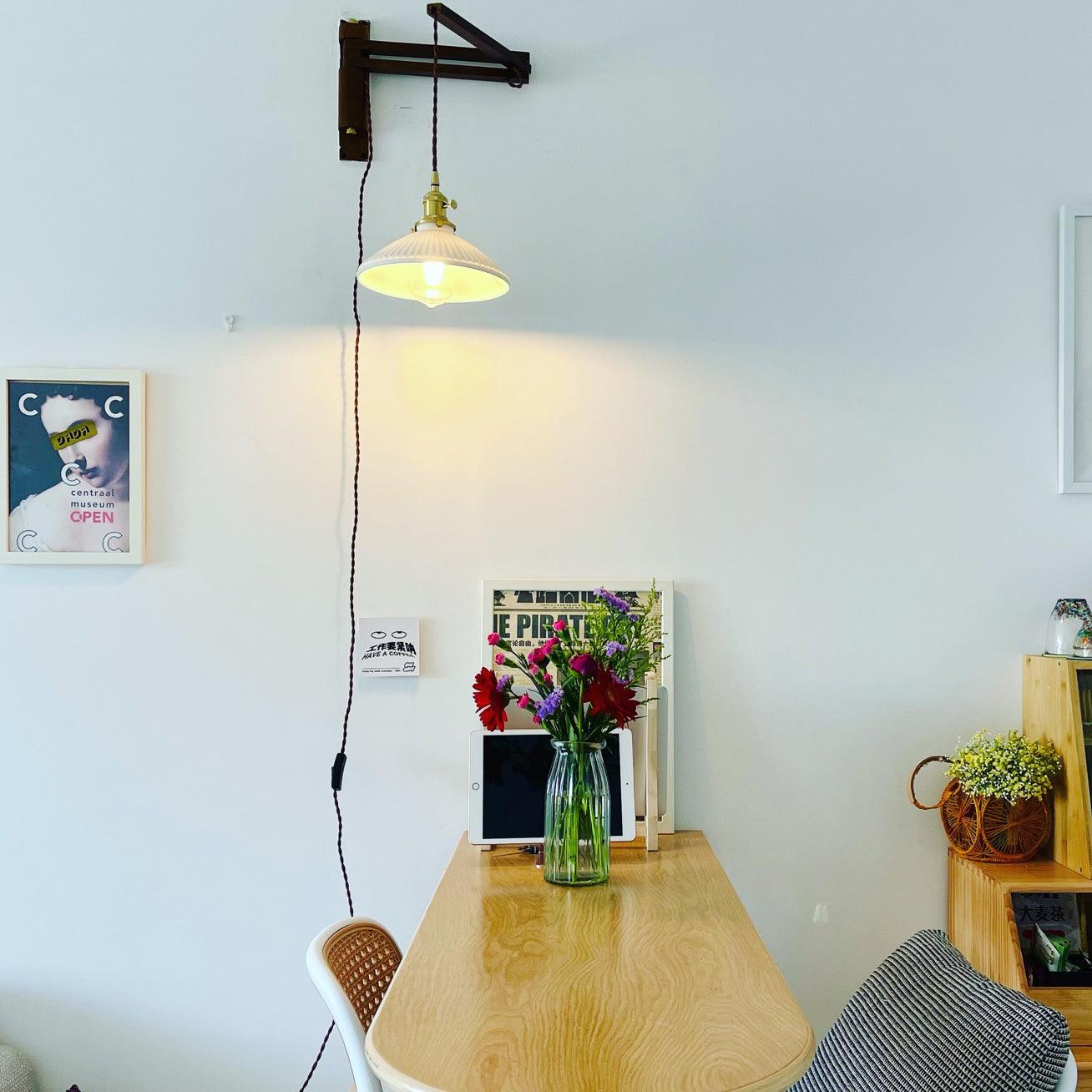 Lyphaia Nordic Art Telescopic Walnut Ceramic Wooden Wall Lamp