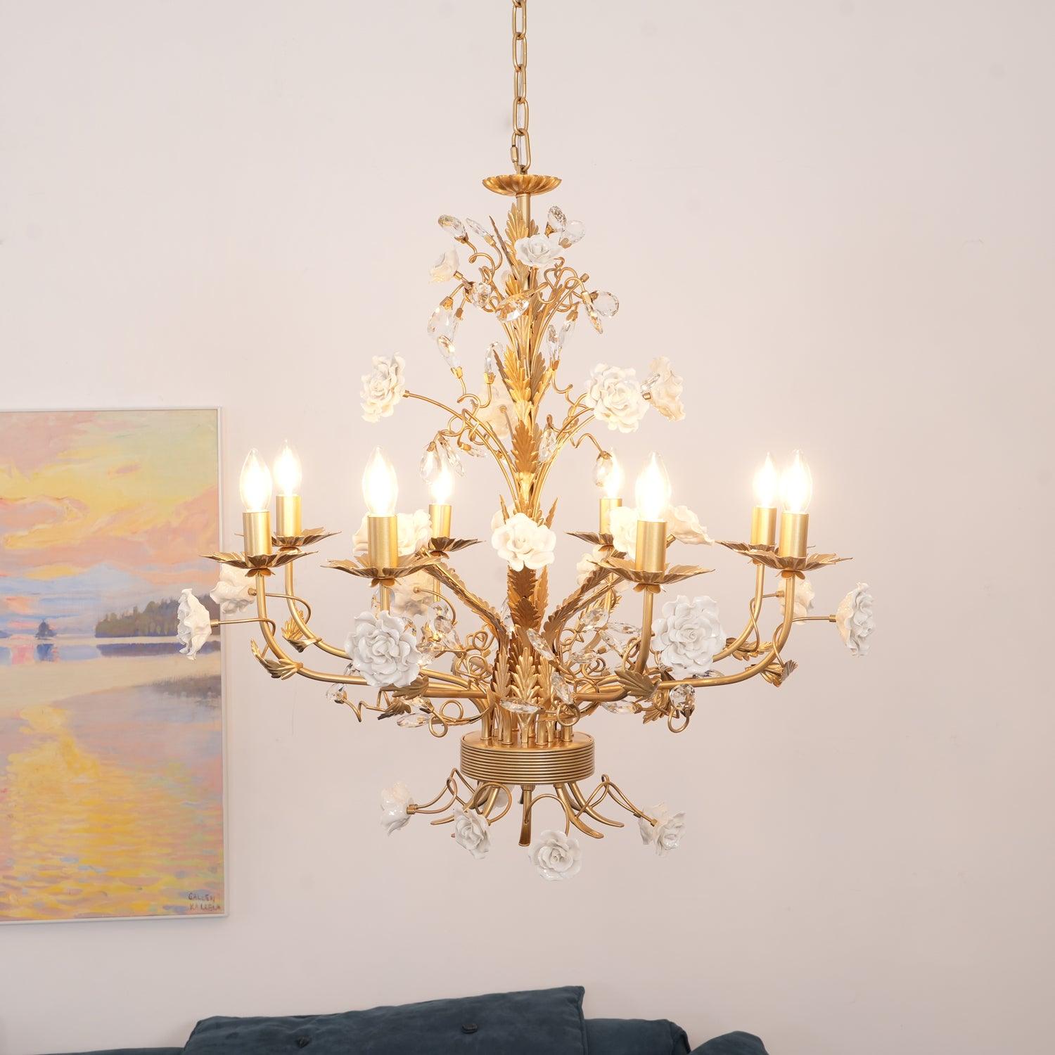Lustre Orné Cadre Porcelaine Roses Cristal Classique Luxe