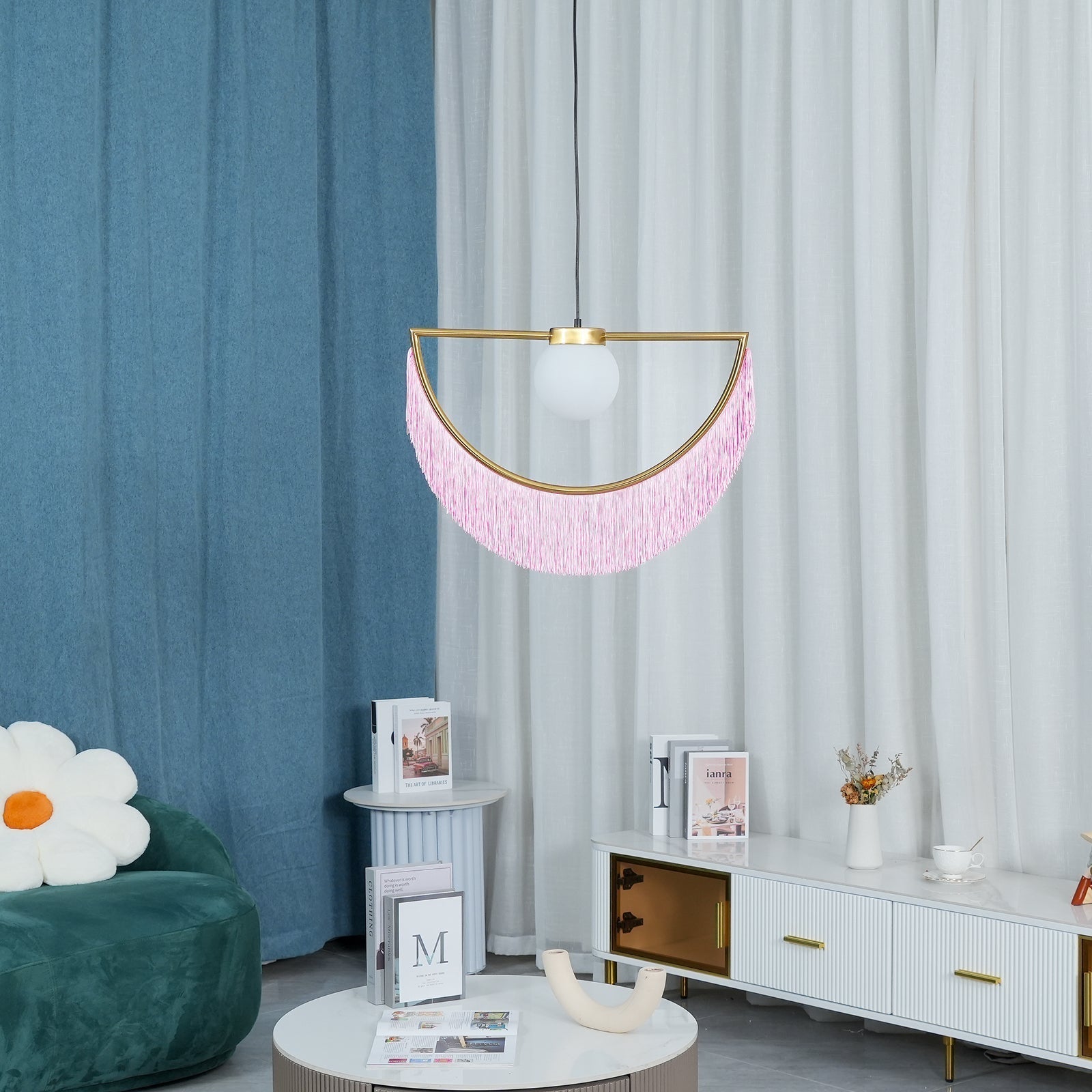 Solara Lampe suspendue en tissu à franges style globe rétro bohème