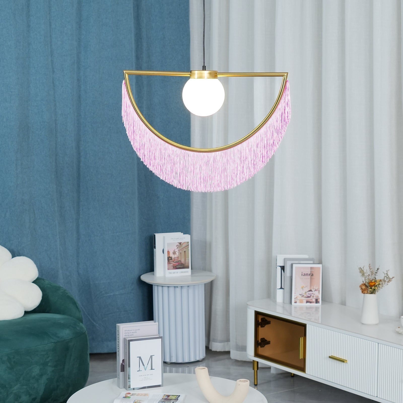 Solara Lampe suspendue en tissu à franges style globe rétro bohème