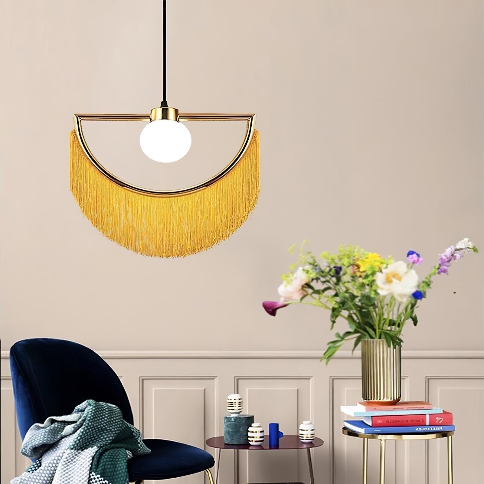 Solara Lampe suspendue en tissu à franges style globe rétro bohème
