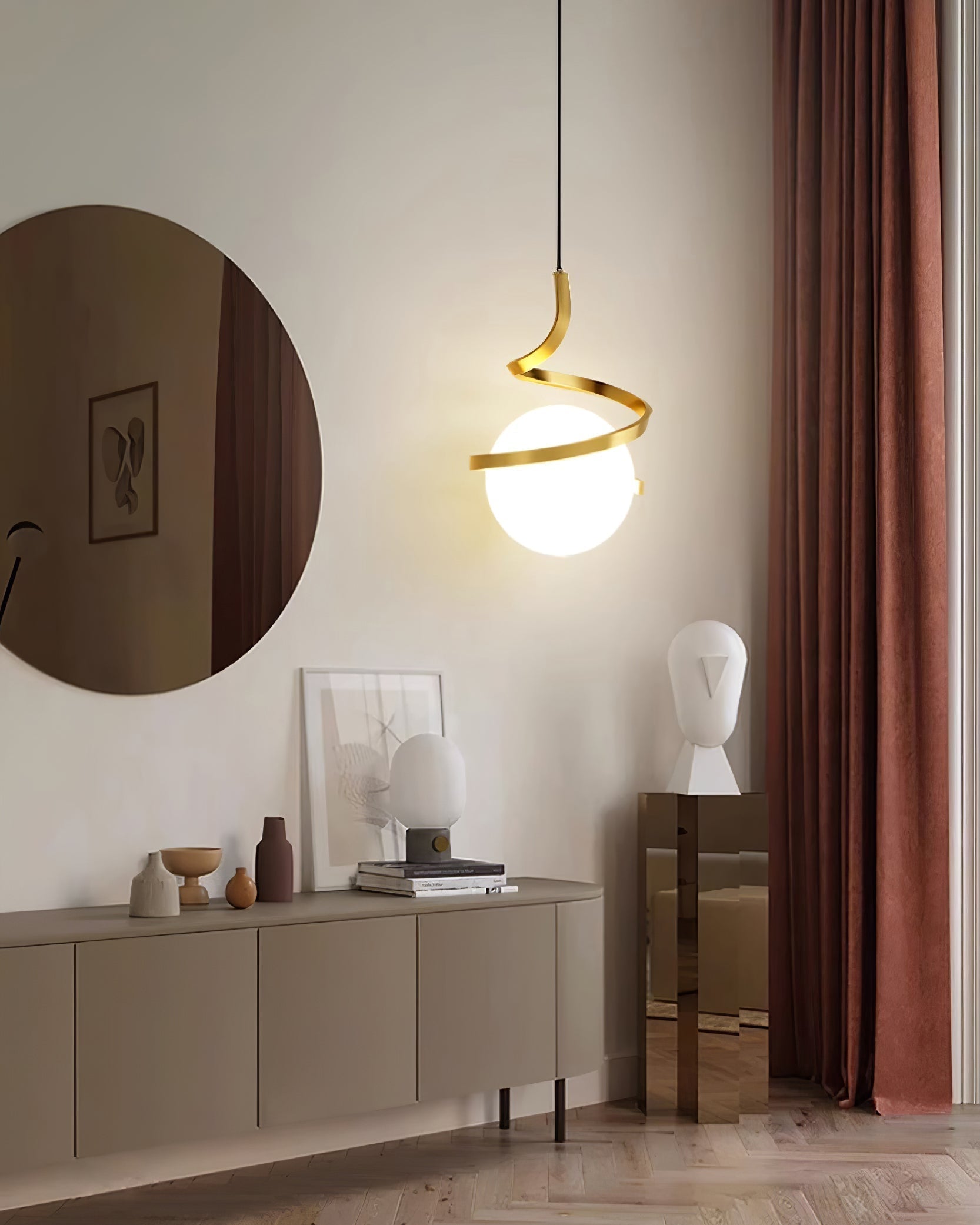 Lampe Suspendue en Fil de Fer et Spirale en Verre