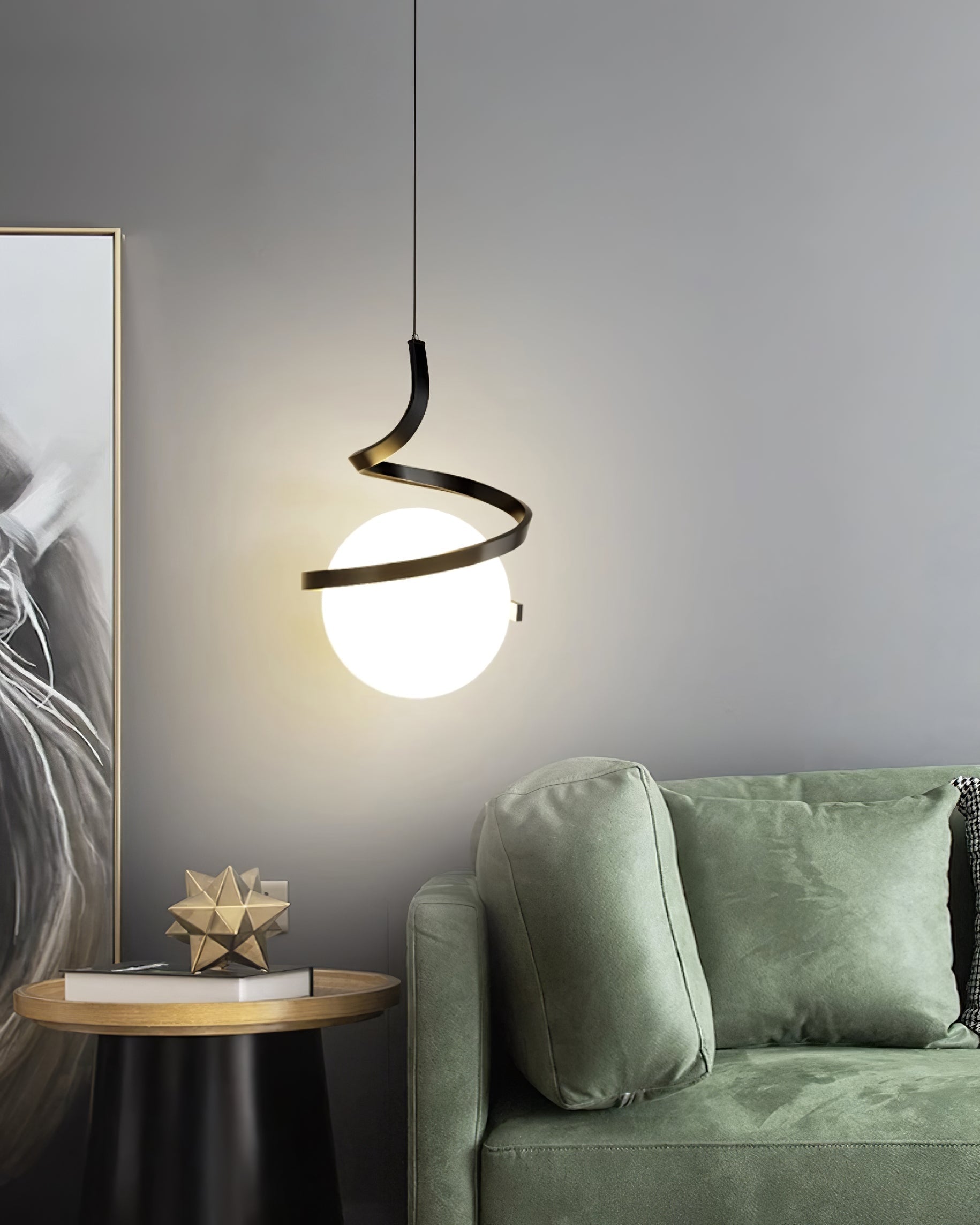 Lampe Suspendue en Fil de Fer et Spirale en Verre