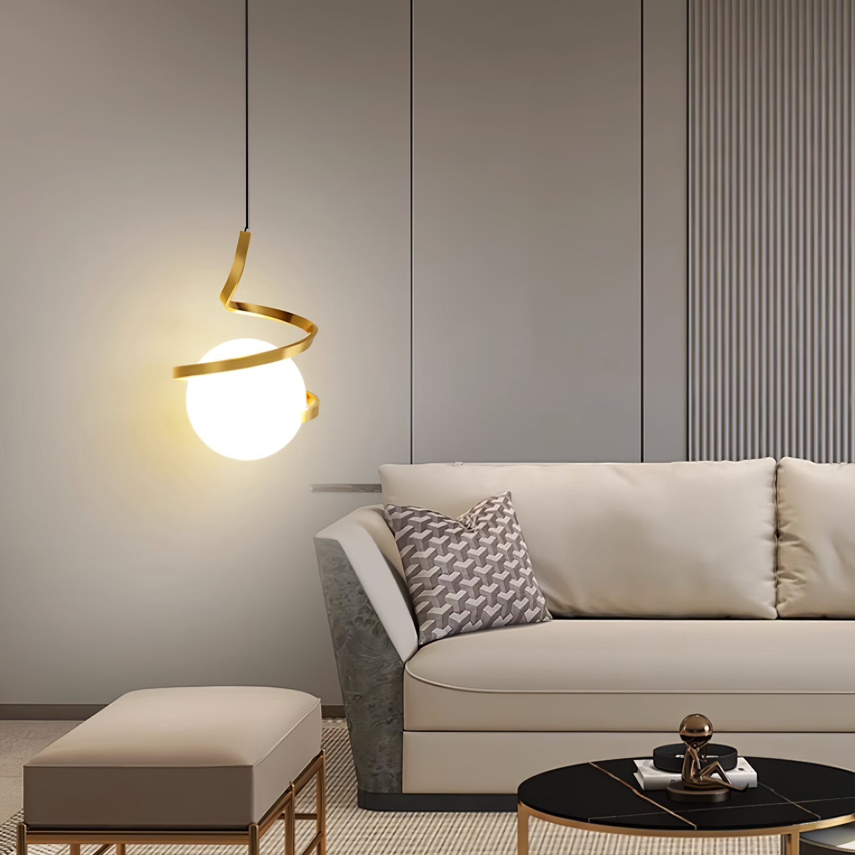 Lampe Suspendue en Fil de Fer et Spirale en Verre